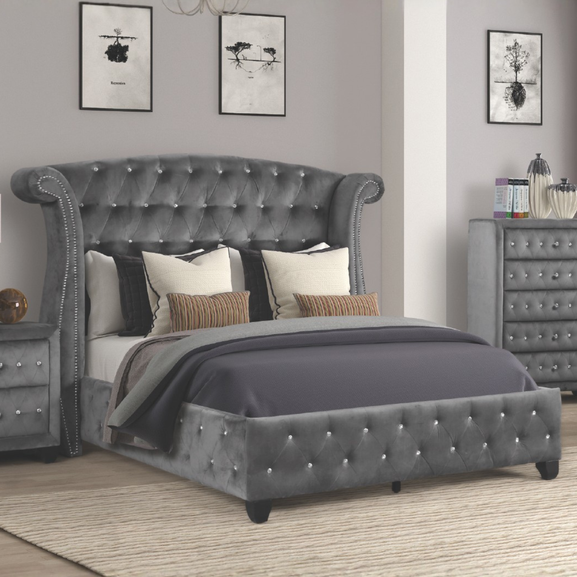 Magnova - Grey Velvet Upholstered King Bedroom Set