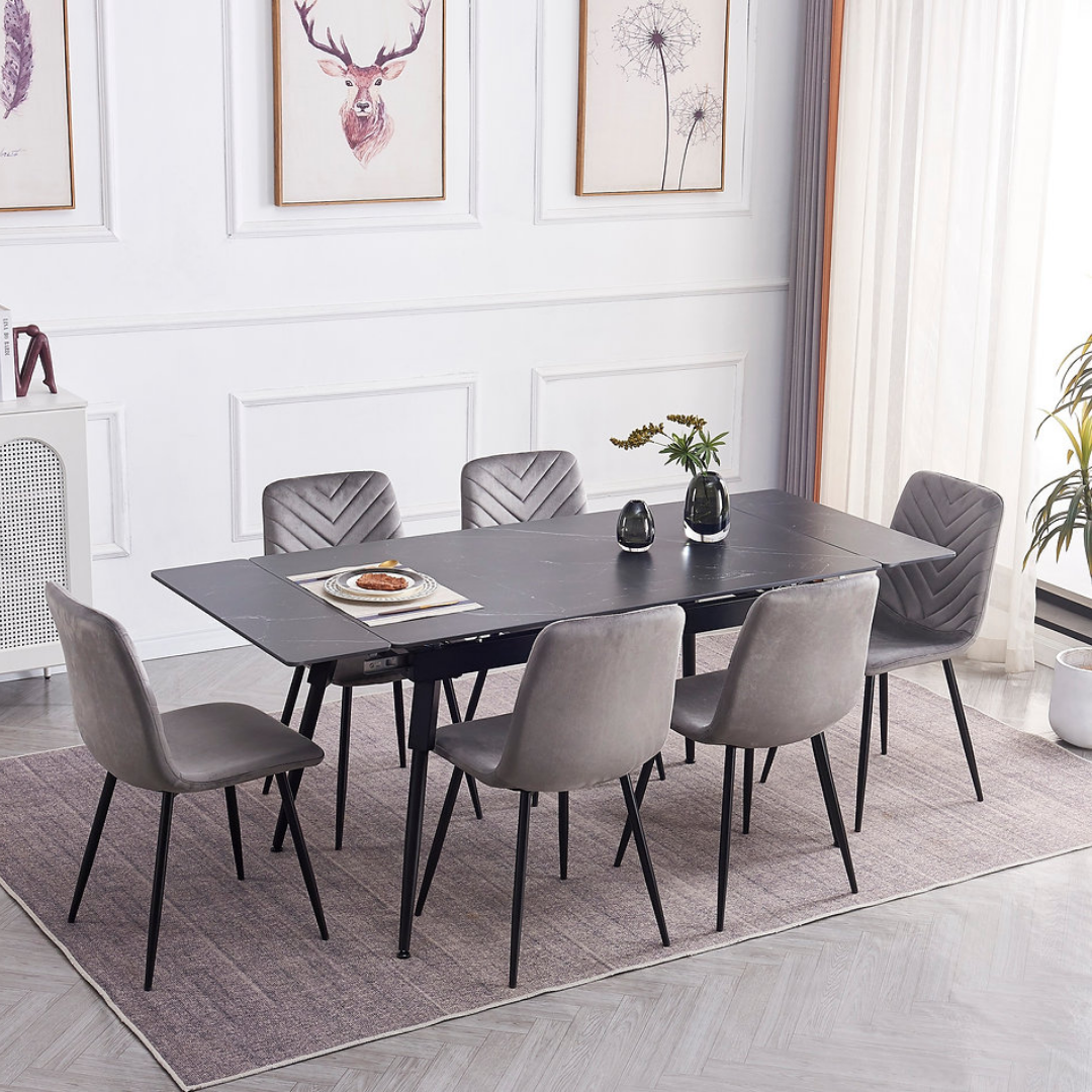 Structa – Ensemble de salle à manger – Aspect marbre noir / Velours gris