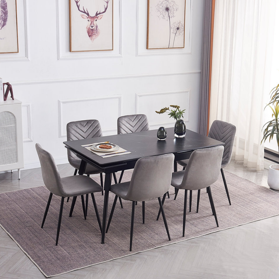 Structa – Dining Set – Black Marble Look / Grey Velvet
