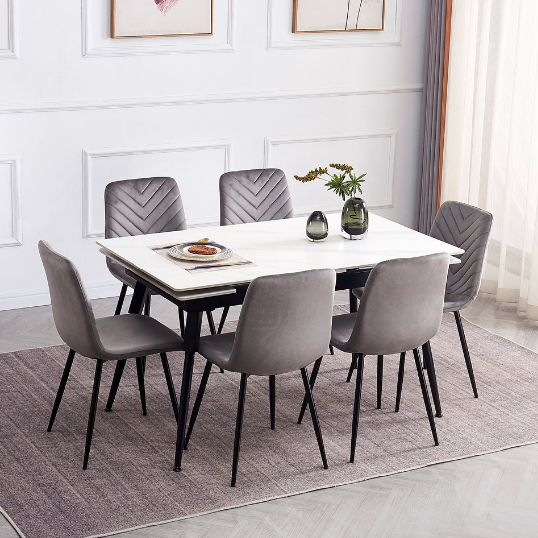 Structa – Dining Set – White Marble Look / Grey Velvet