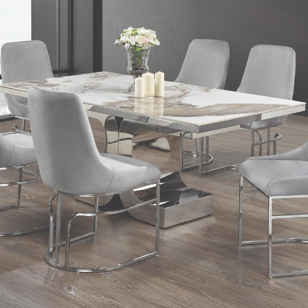 Calista – Dining Table – Ceramic Marble Look / Chrome Base