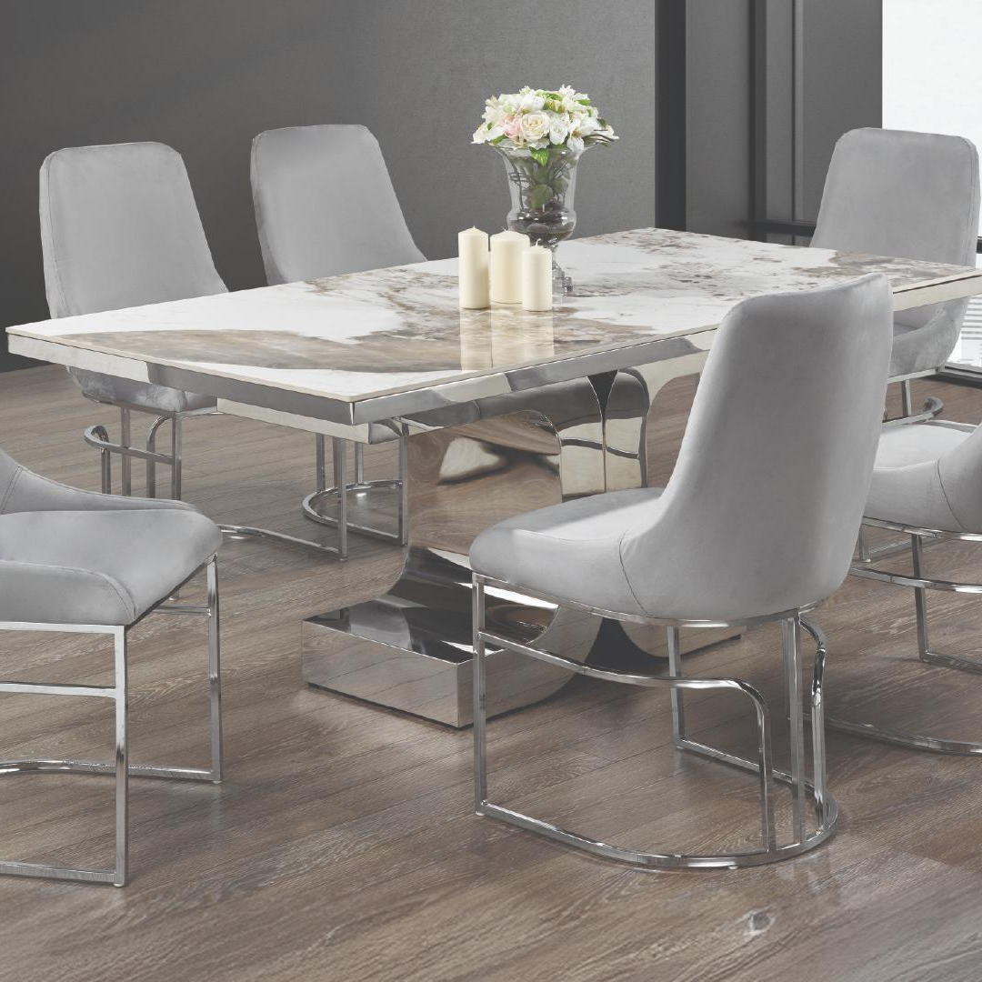 Calista – Dining Table – Ceramic Marble Look / Chrome Base