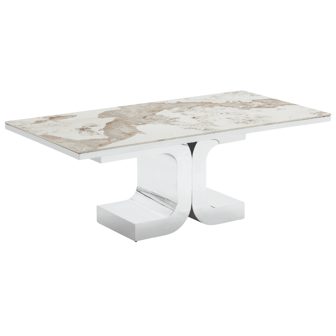 Calista – Table à manger – Aspect marbre céramique / Pied chromé