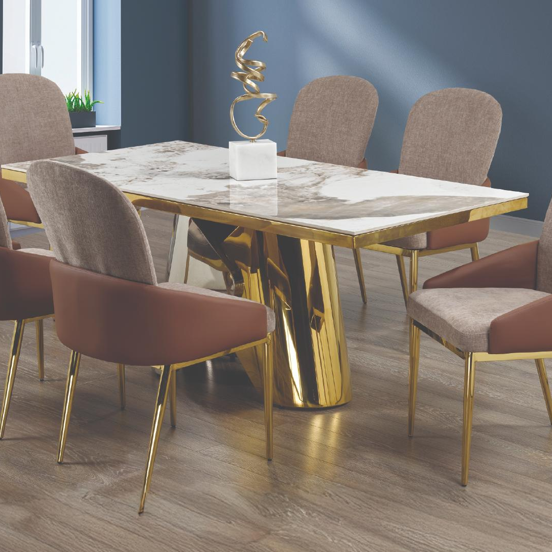 Aurex – Table de salle à manger – Aspect marbre céramique / Piètement chromé et doré