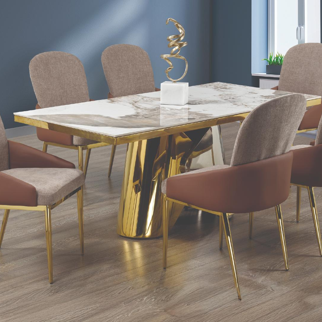 Aurex – Dining Table – Ceramic Marble Look / Chrome & Gold Base