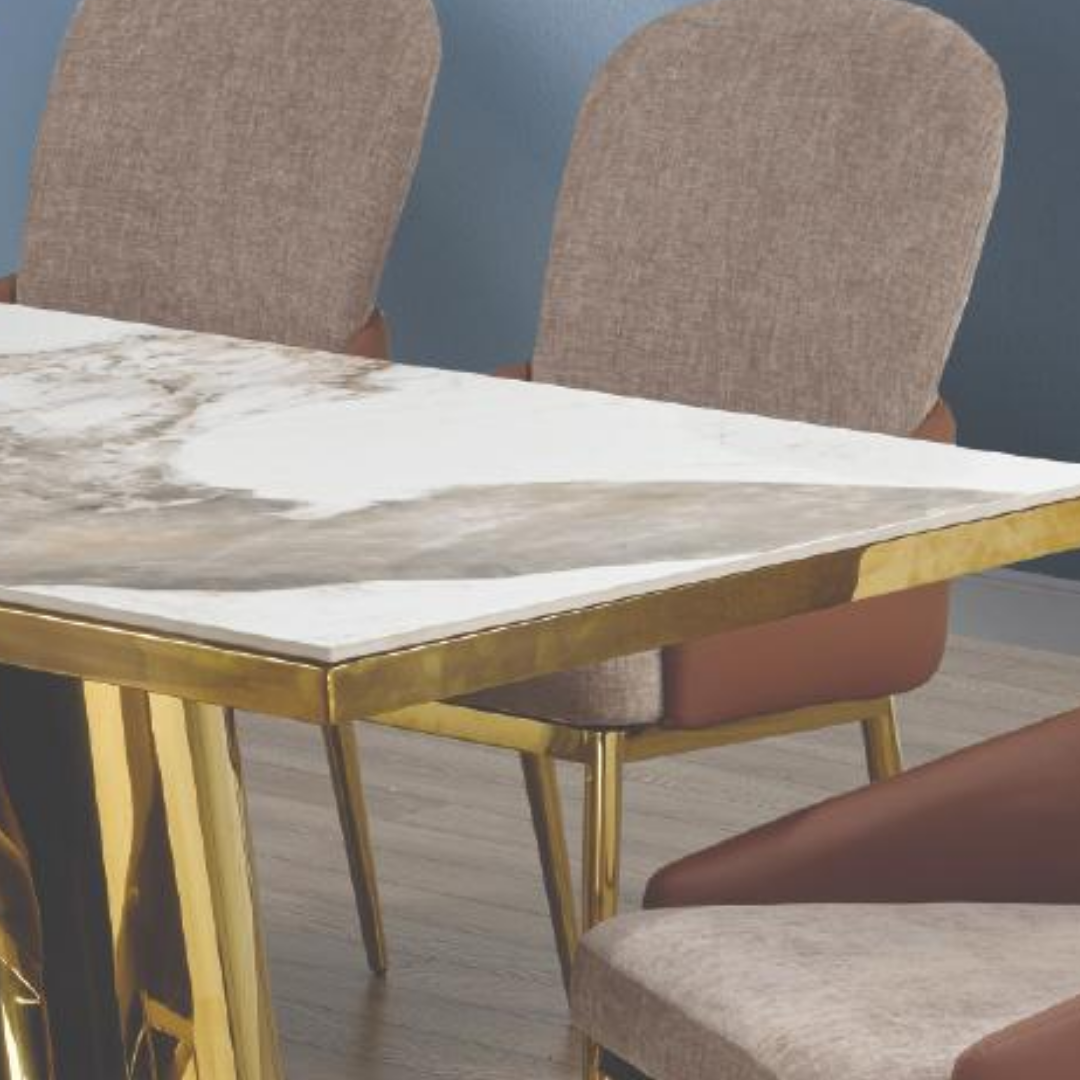 Aurex – Table de salle à manger – Aspect marbre céramique / Piètement chromé et doré