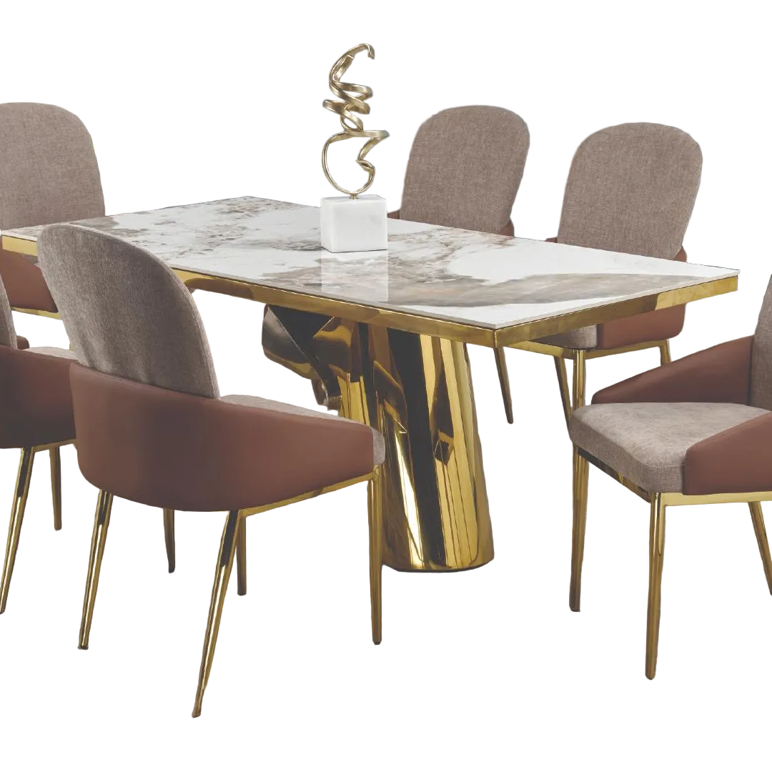 Aurex – Table de salle à manger – Aspect marbre céramique / Piètement chromé et doré