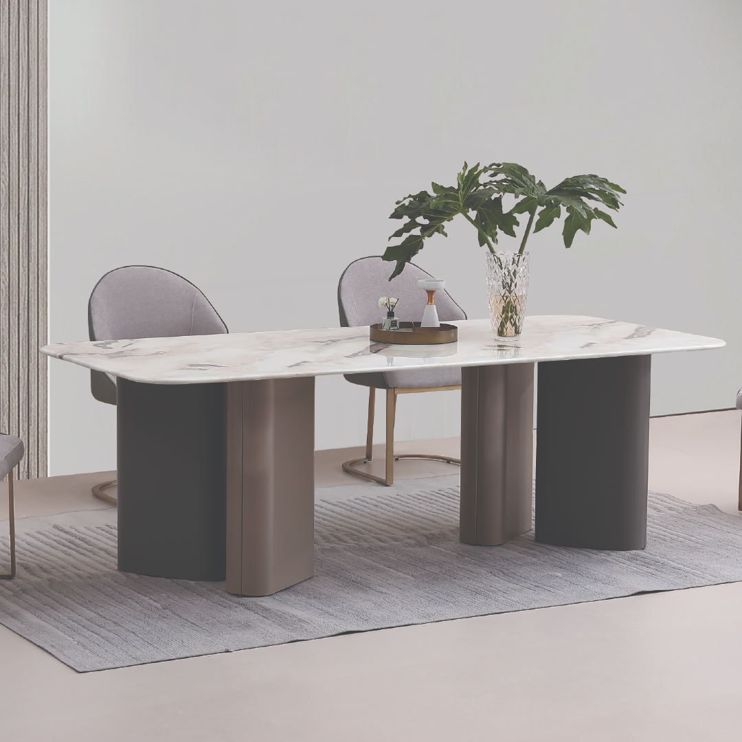 Monza – Table à manger – Aspect marbre / Piètement rembourré