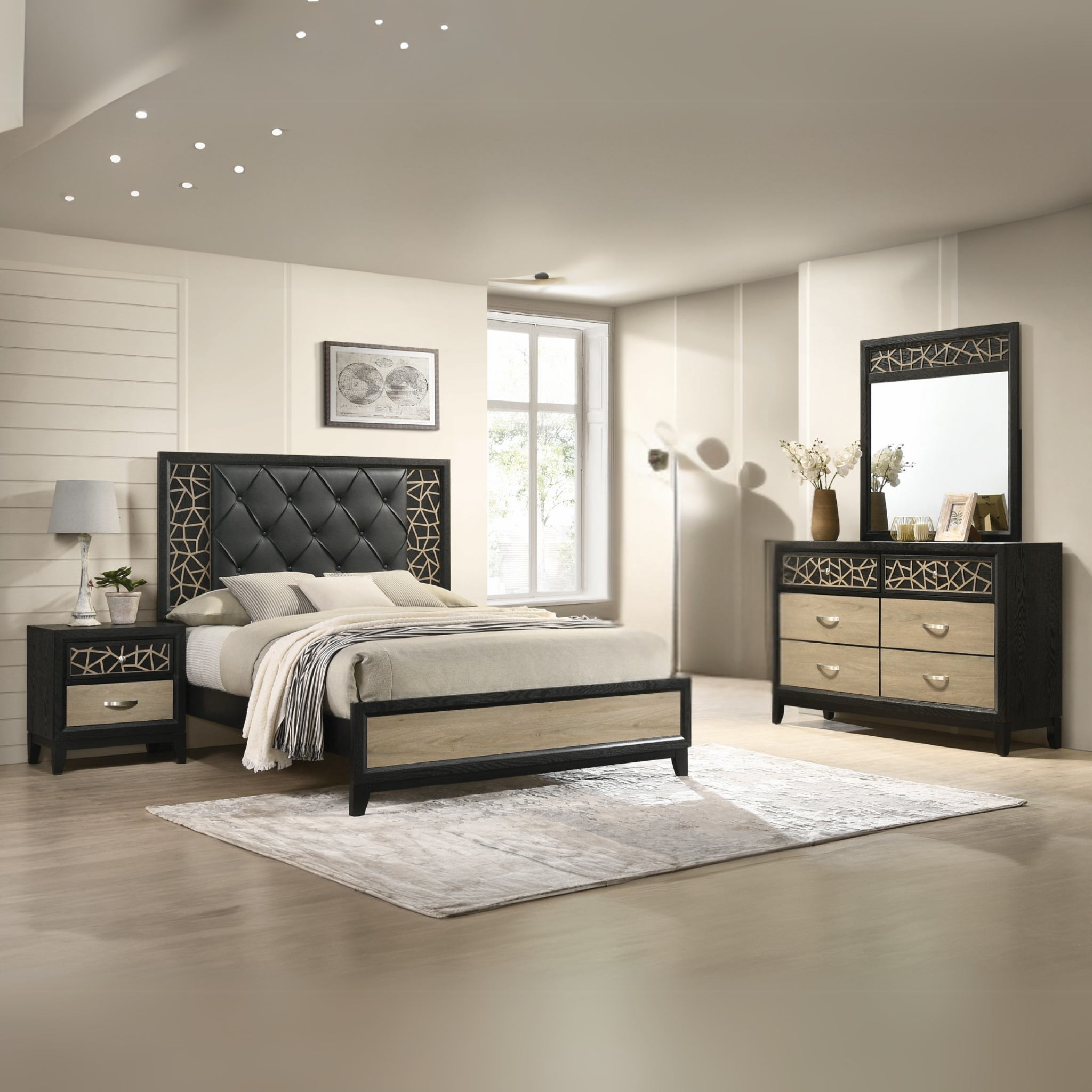 Queen Bedroom Set - Samantha with Tufted Headboard & Exotic Wood Accents
