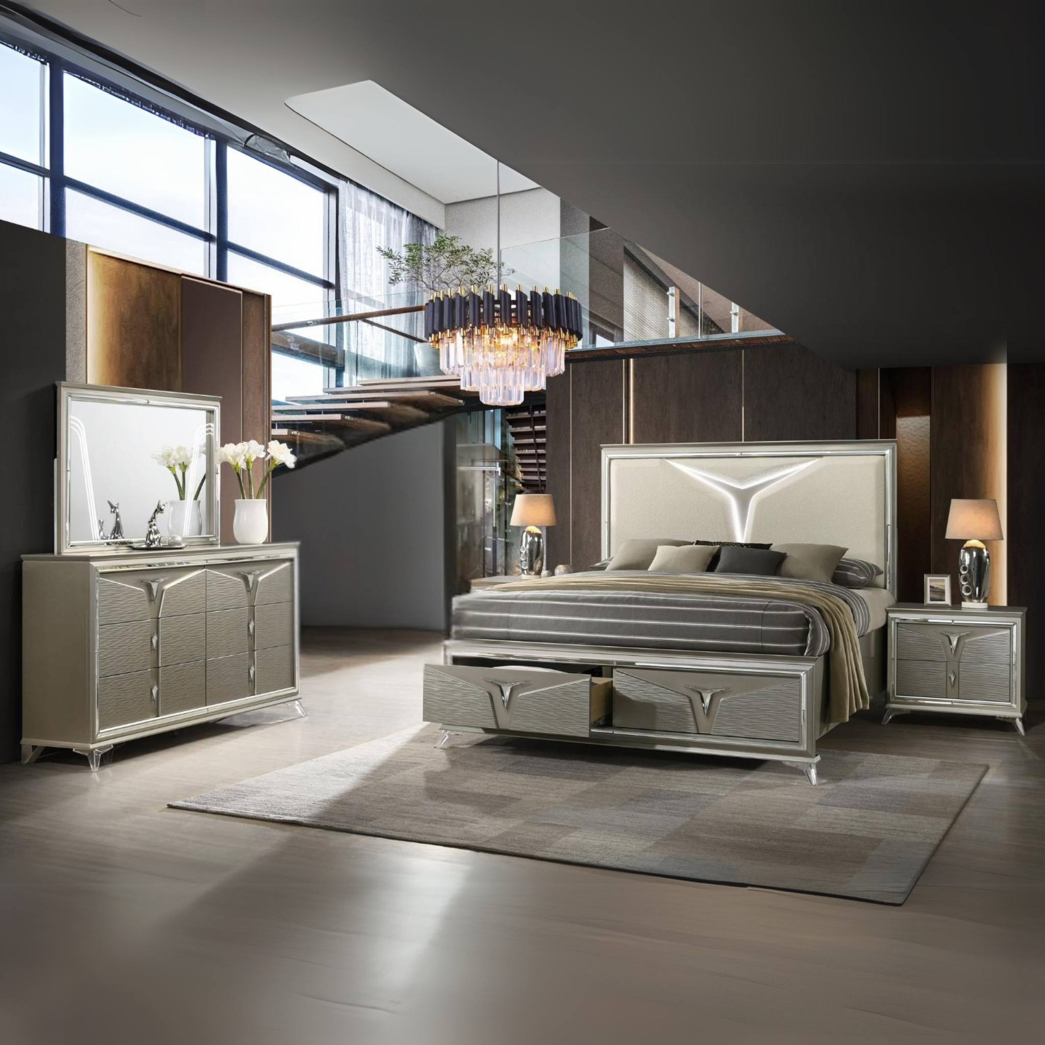 King Bedroom Set - Samantha Olive Silver 5-Piece Bedroom Set with LED Headboard