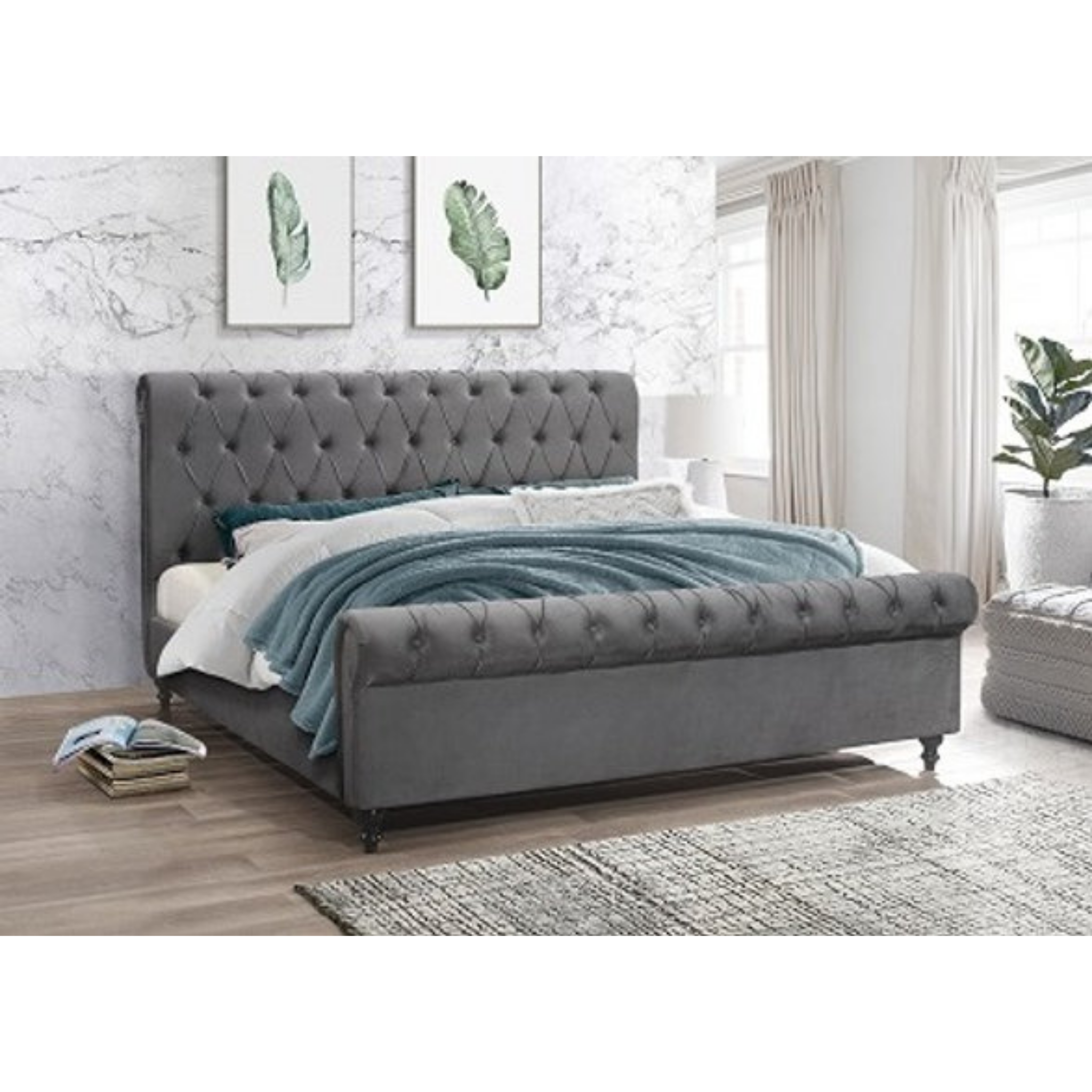 Queen Bed - Grey Velvet Fabric Bed 197