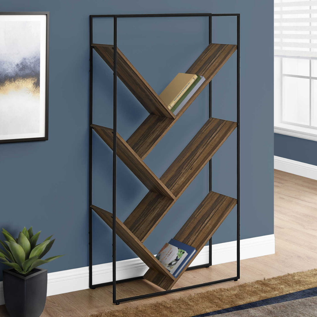 Vertixa – 60"H V-Shaped Metal Bookcase – Brown Reclaimed Wood