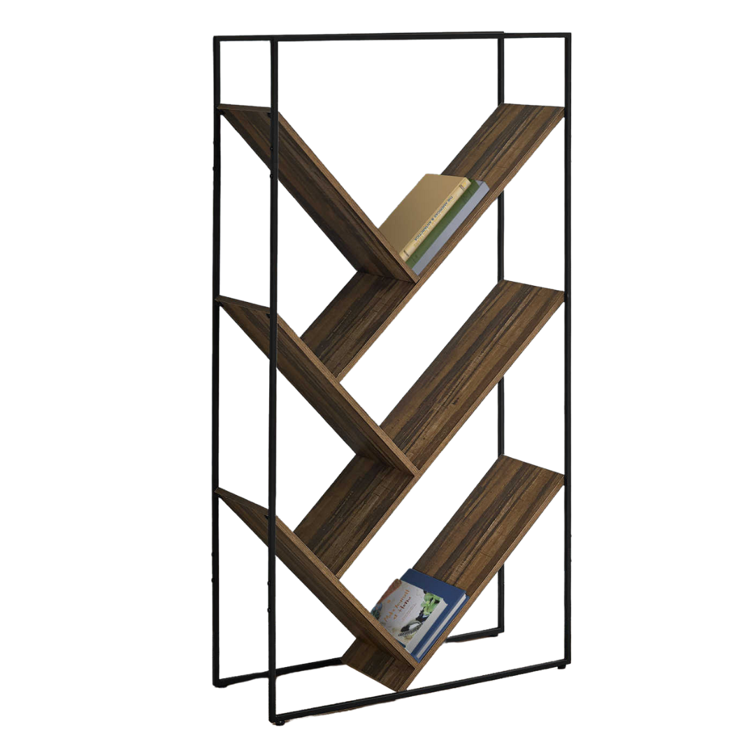 Vertixa – 60"H V-Shaped Metal Bookcase – Brown Reclaimed Wood