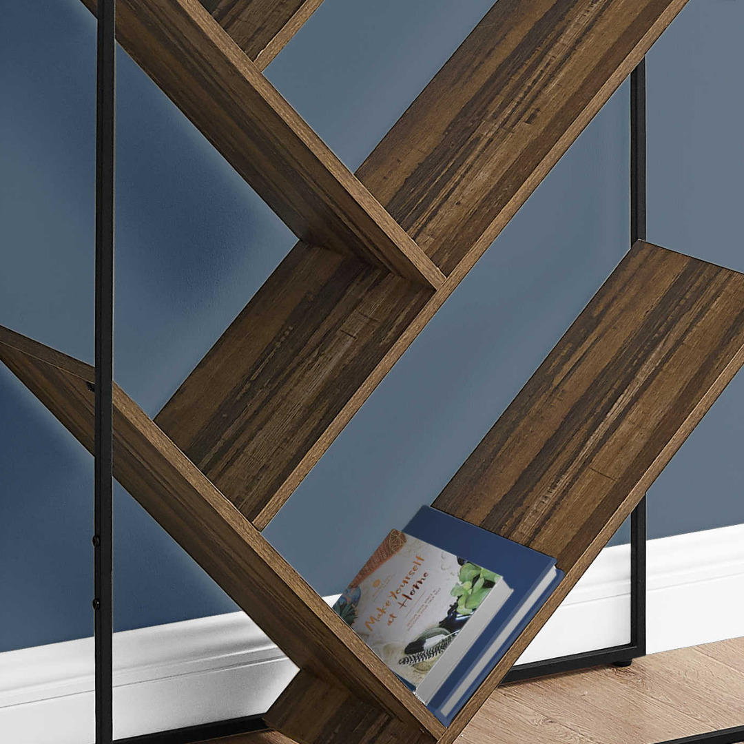 Vertixa – 60"H V-Shaped Metal Bookcase – Brown Reclaimed Wood