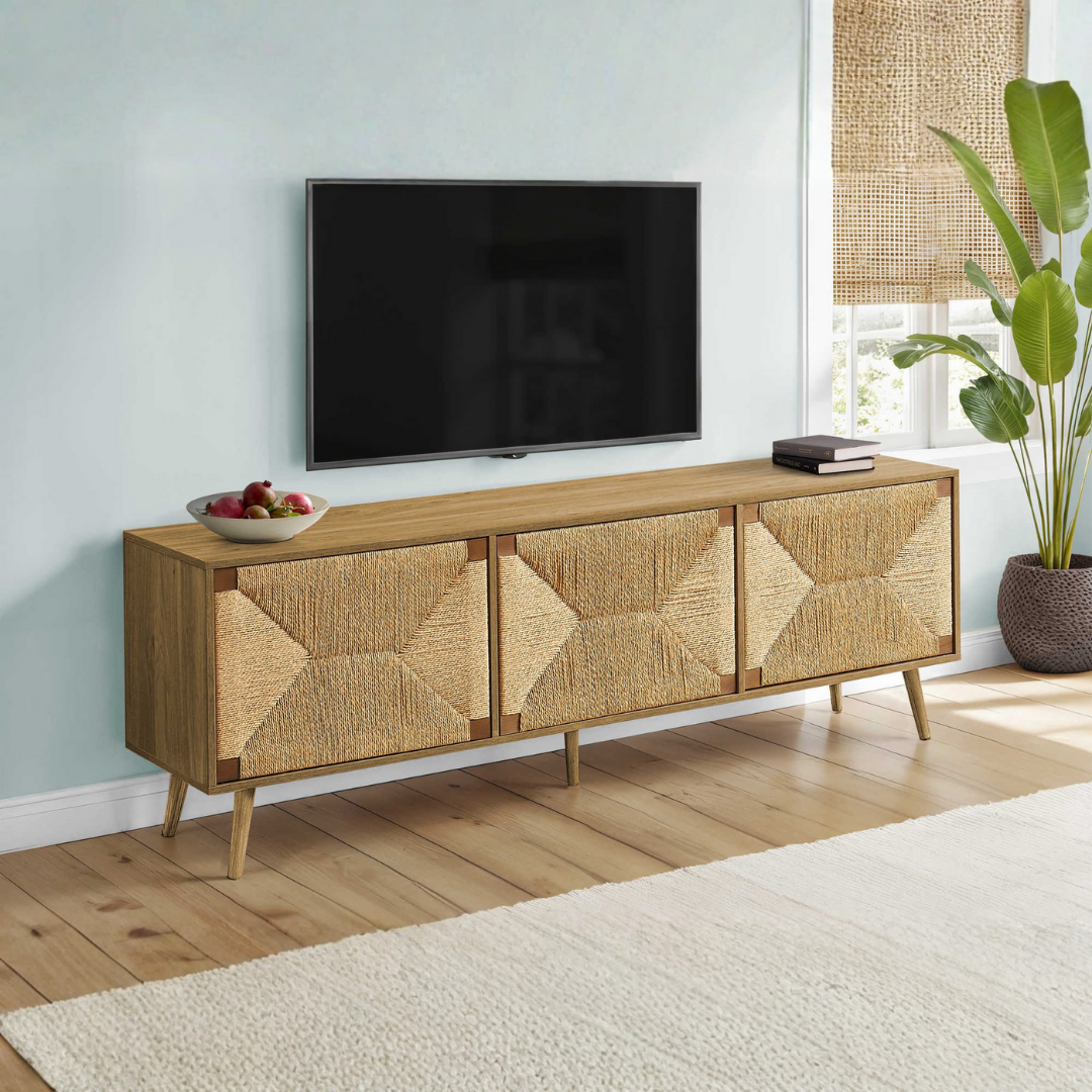 Meuble TV Merlo – 183 cm (72 po) – Noyer clair / Aspect jonc de mer