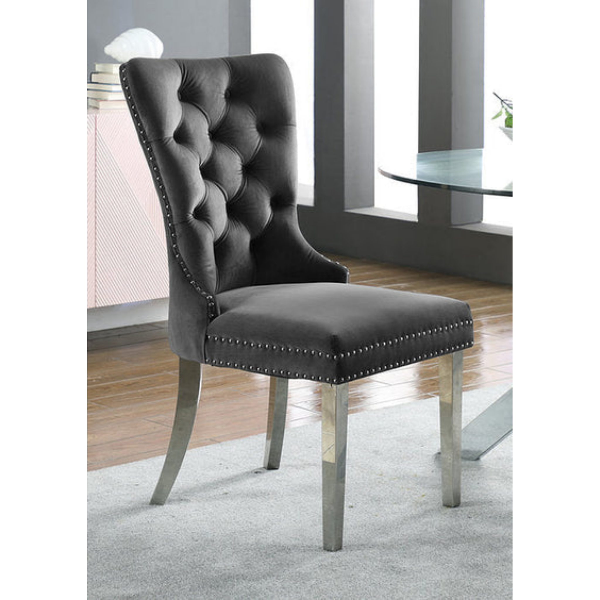 2 Pc Grey Velvet Dining Chair C-1260