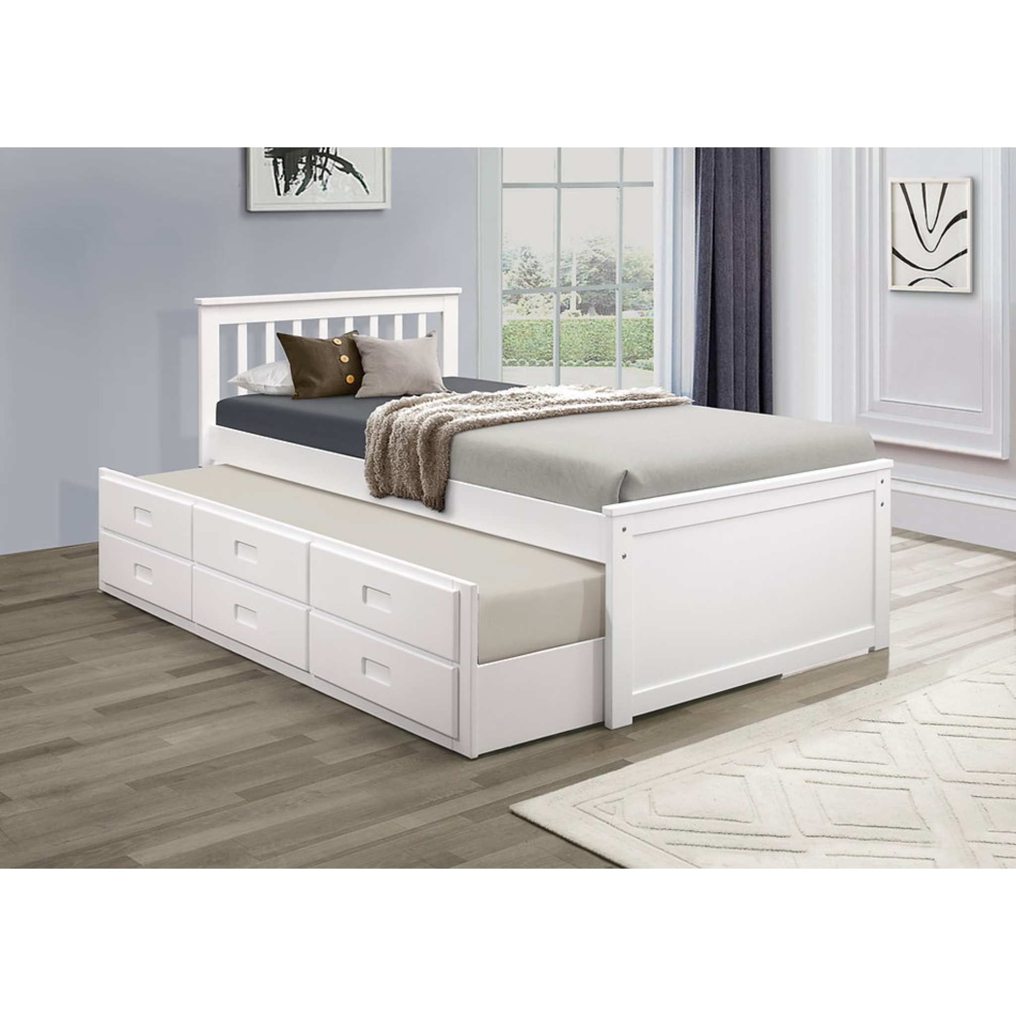 Marvello – Lit simple capitaine avec lit gigogne – Blanc