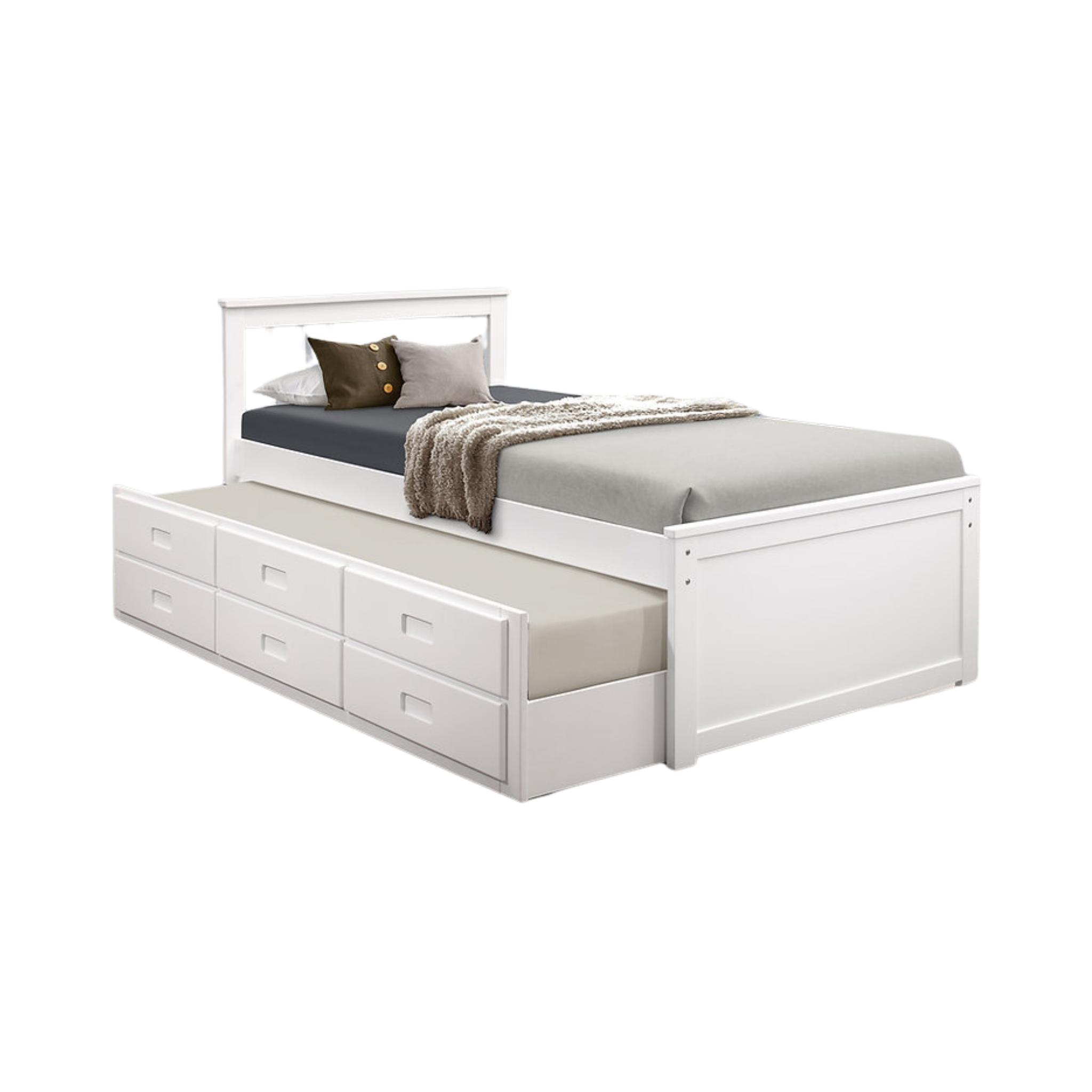 Marvello – Lit simple capitaine avec lit gigogne – Blanc