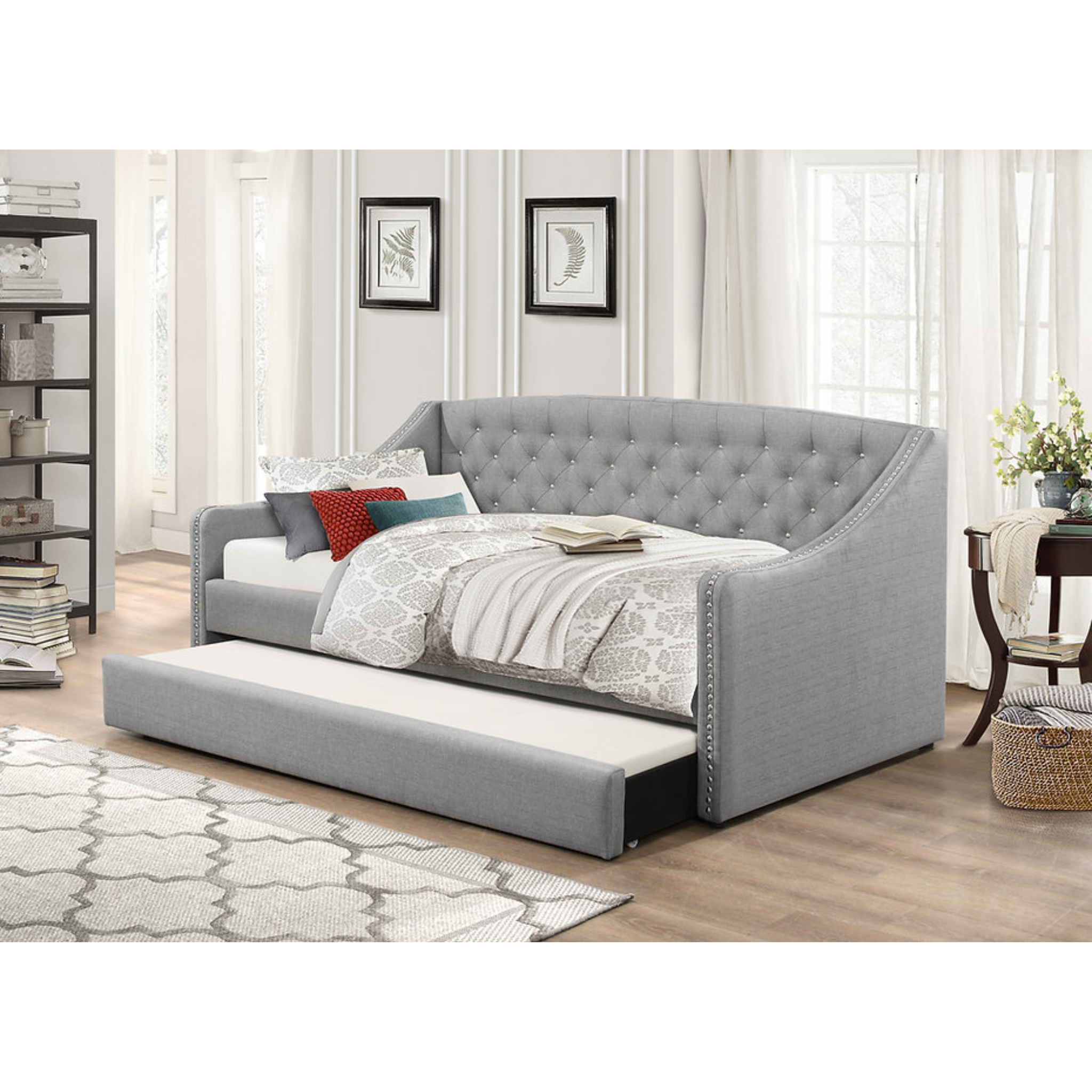 Velmora – Lit de jour en tissu avec lit gigogne – Gris