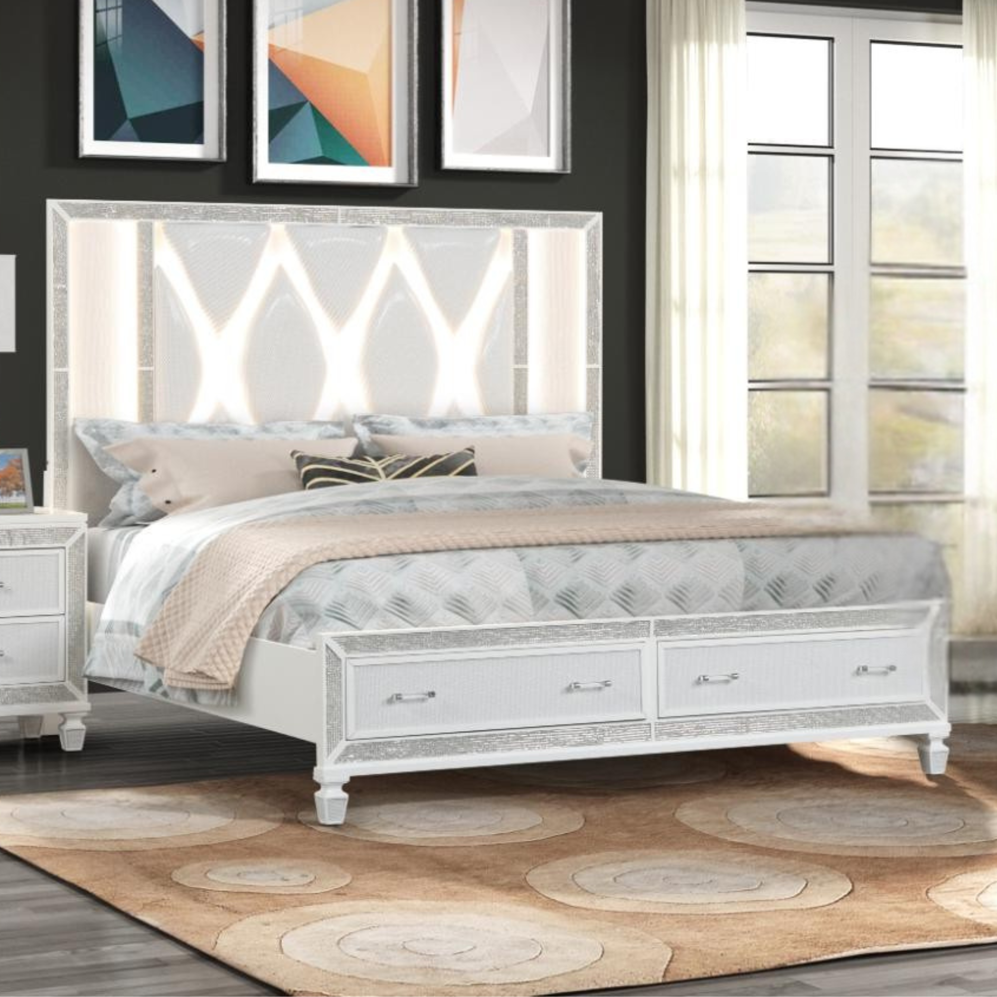 Radova – Lit queen avec rangement blanc cristal similicuir