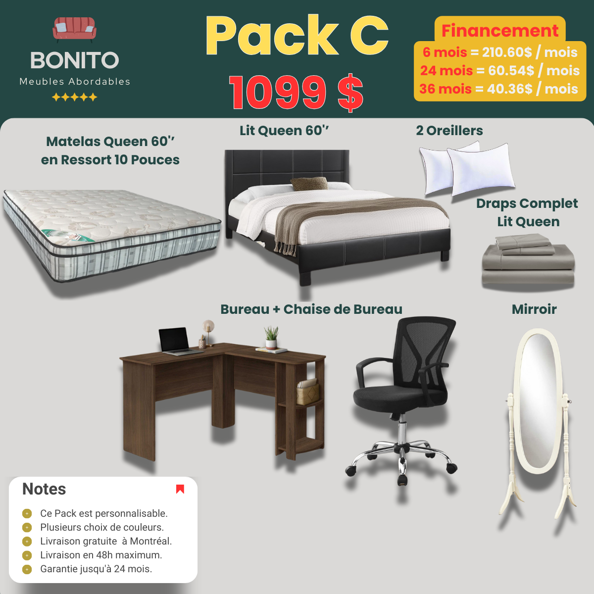 Pack C – Ensemble chambre Queen Premium + bureau