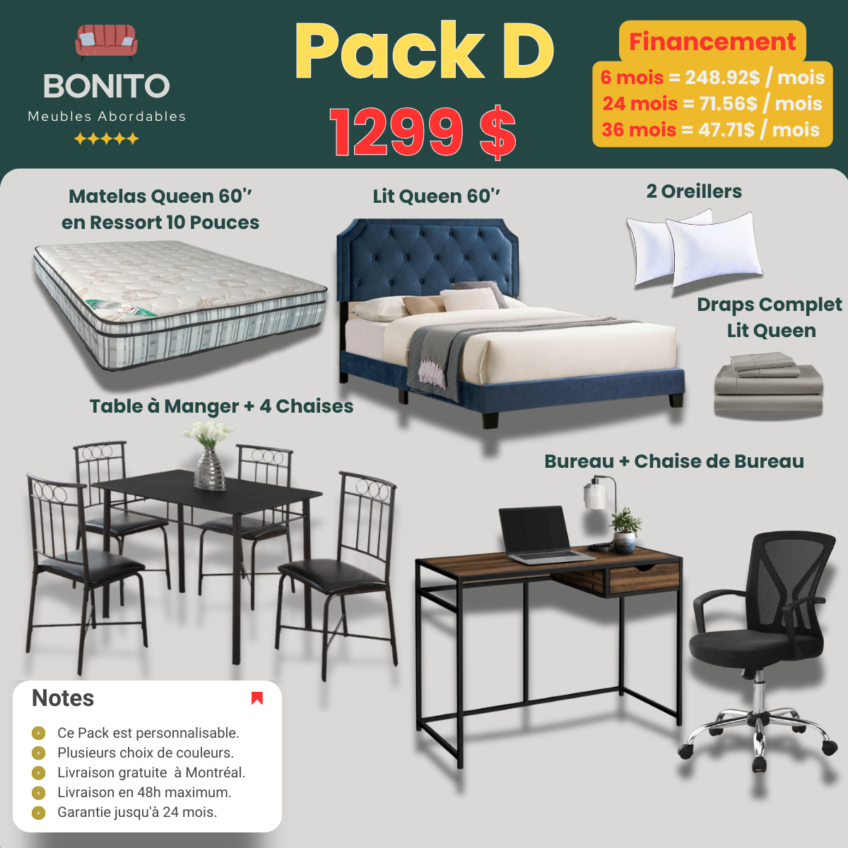 Pack D – Queen Bedroom + Dining + Office Set