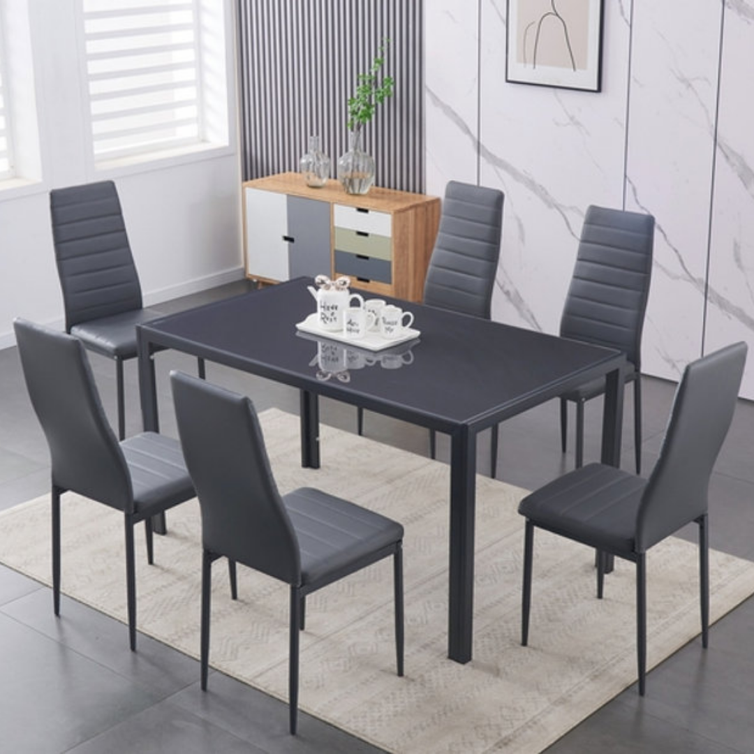 Montclair – Dining Set – Grey Glass / Grey Upholstery