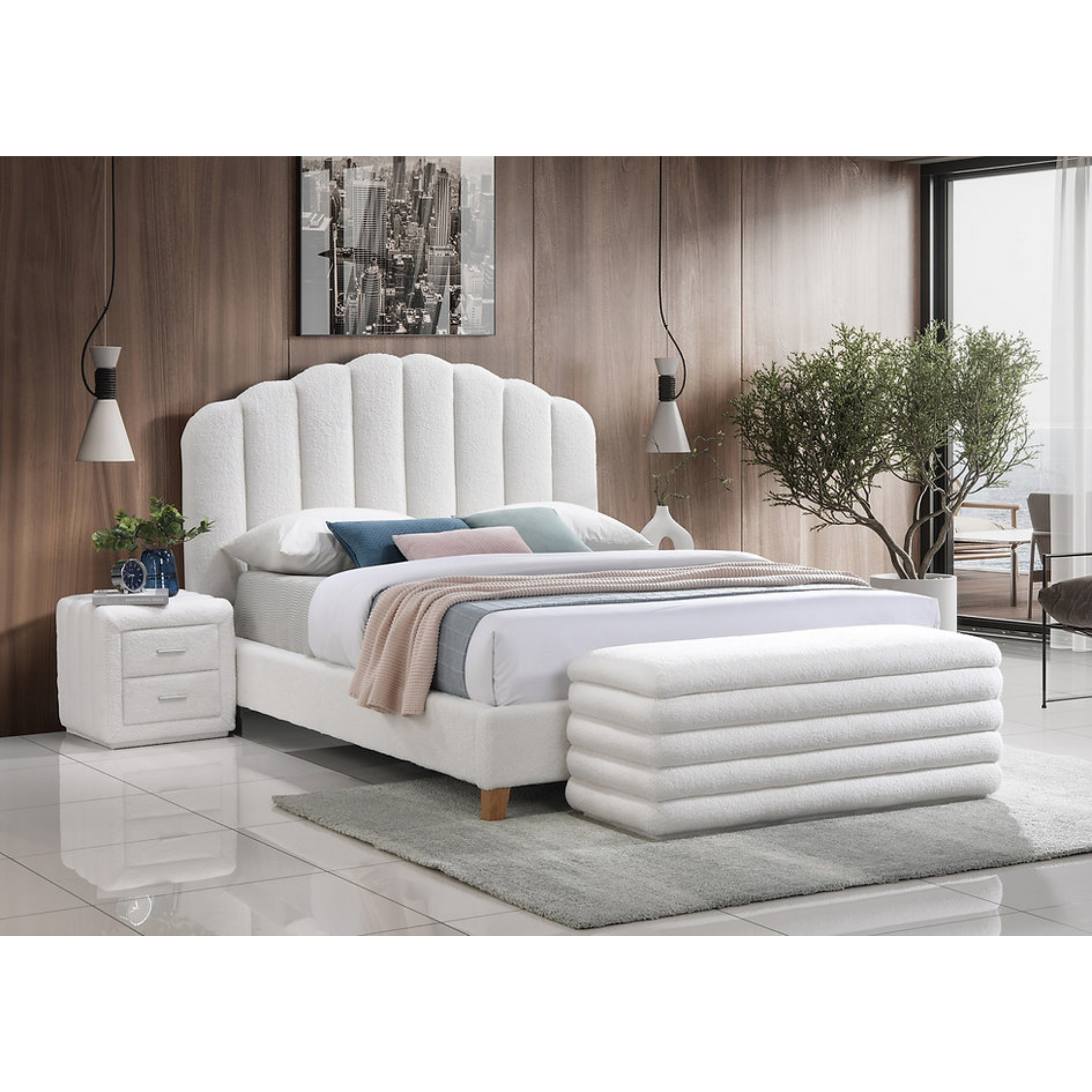 Lit Queen Size - Lit en tissu blanc motif ours en peluche avec tête de lit rembourrée