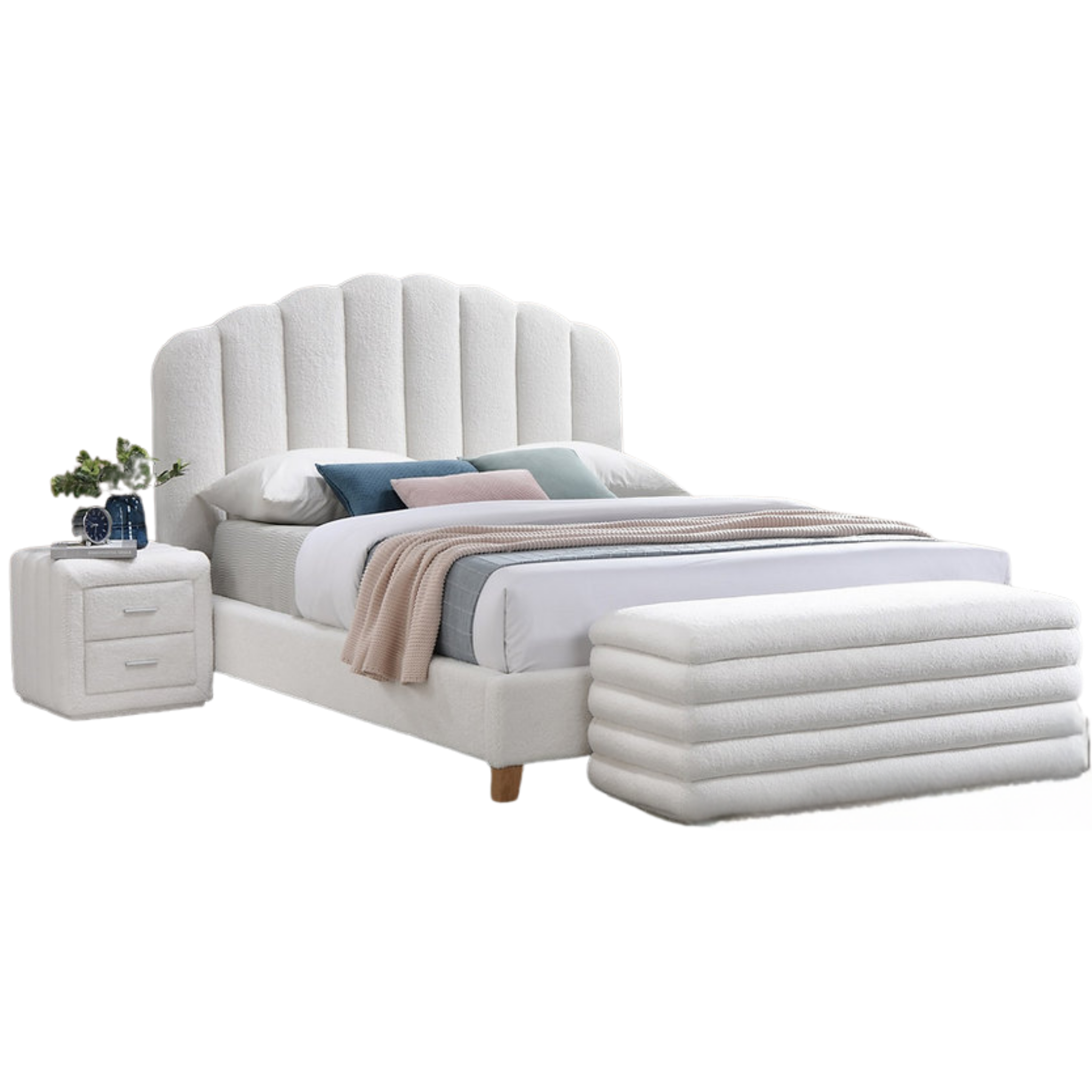 Double Bed - White Teddy Bear Fabric Bed with Padded Headboard