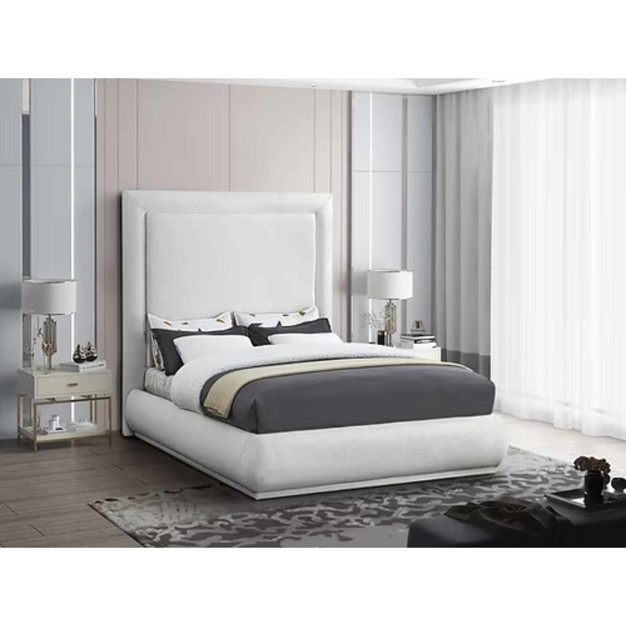 King Bed - Creme Linen Fabric Bed with Padded Headboard 5200