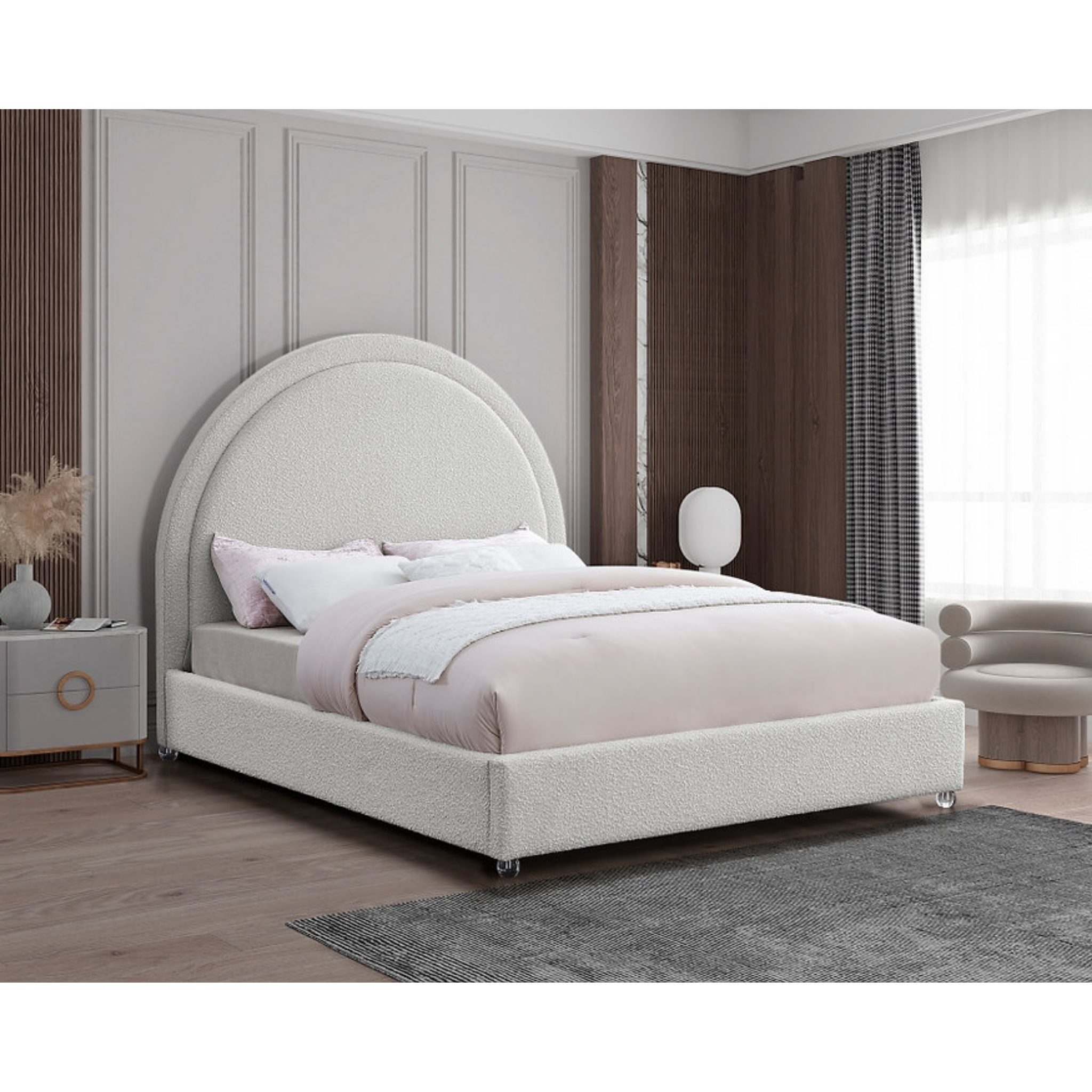 King Bed - Cream Boucle Fabric Bed with Padded Headboard 5205
