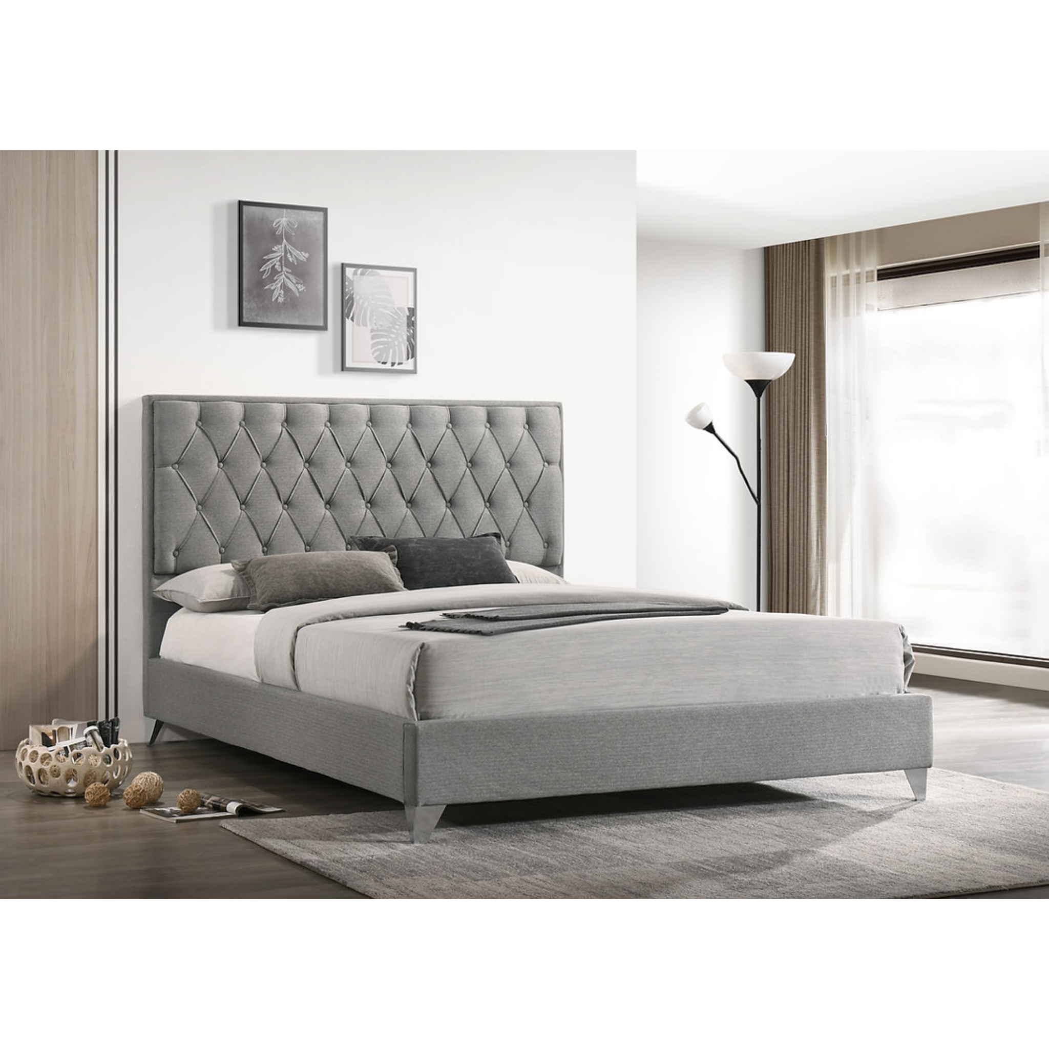 Queen Bed - Grey Fabric Bed with Diamond Pattern 5225