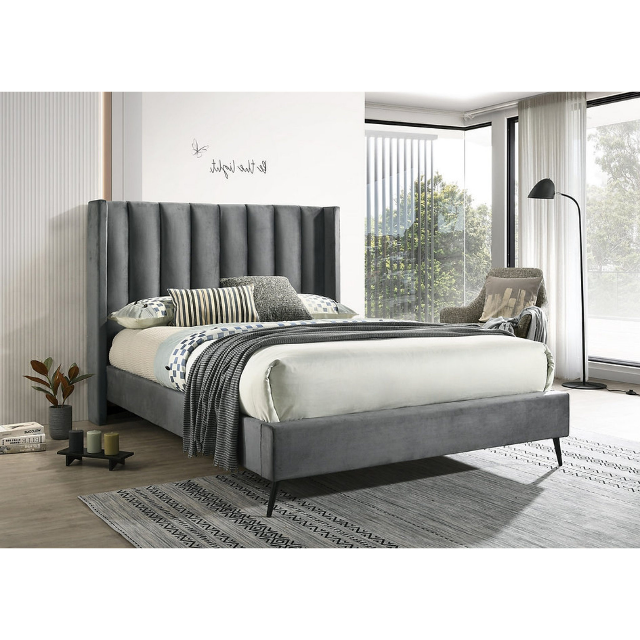 Queen Bed - Grey Velvet Bed IF-5230