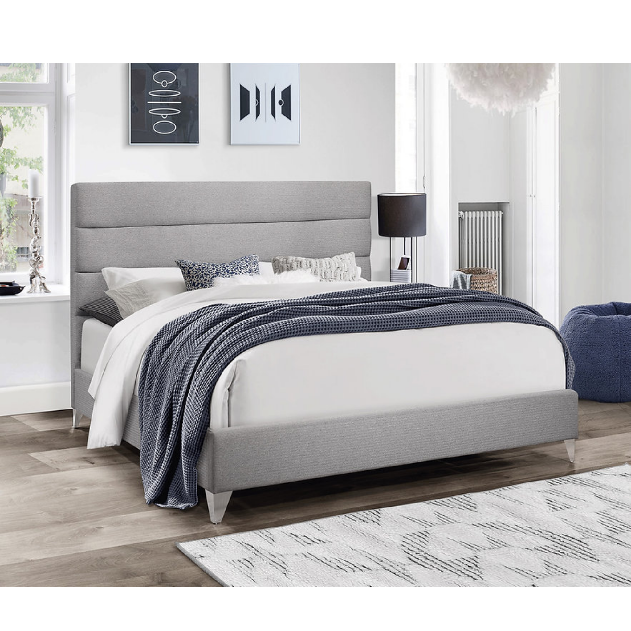 Queen Bed - Grey Fabric Bed with Deep Tufted Panels 5235