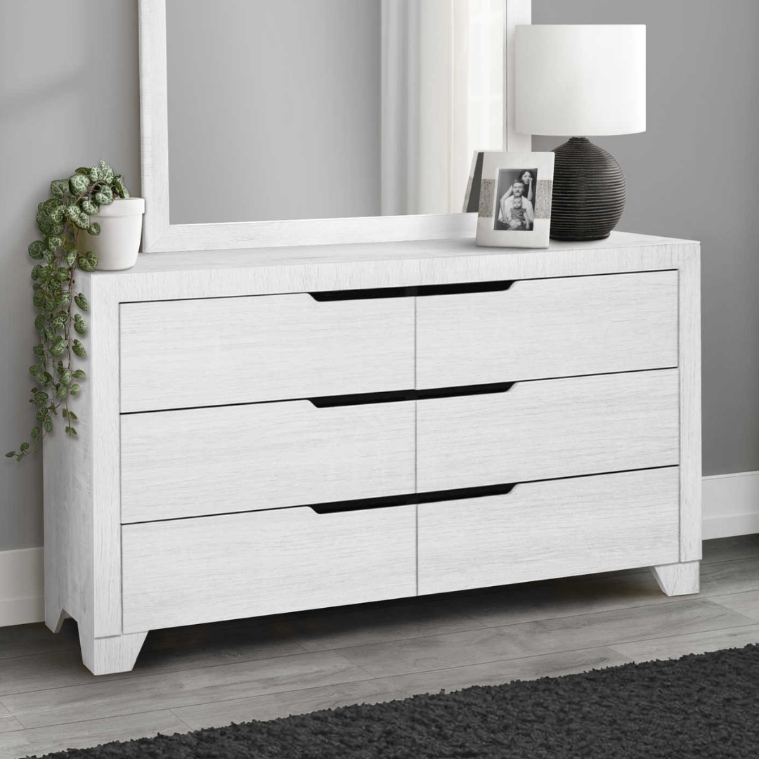 Commode Elvion à 6 tiroirs avec miroir – Finition bois blanc