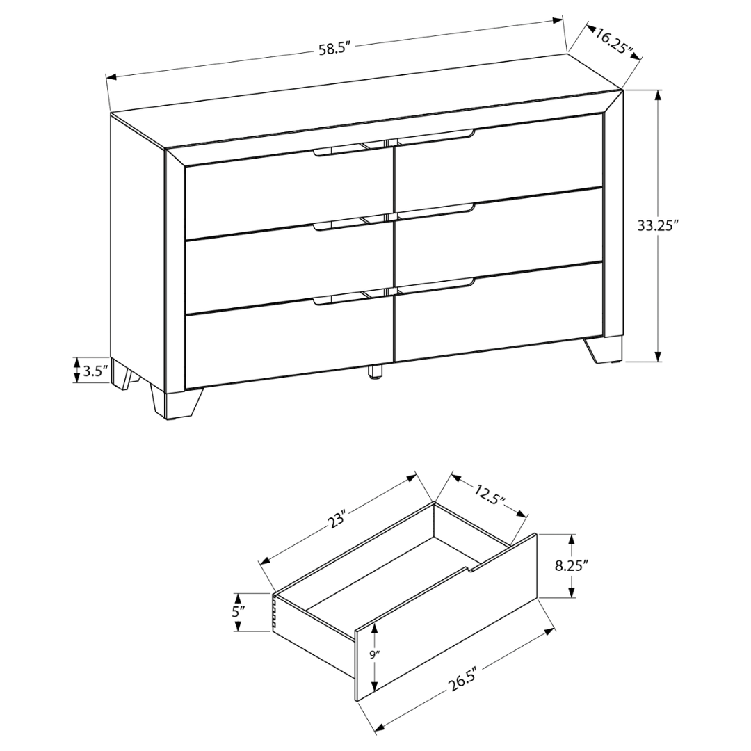 Commode Elvion à 6 tiroirs avec miroir – Finition bois blanc