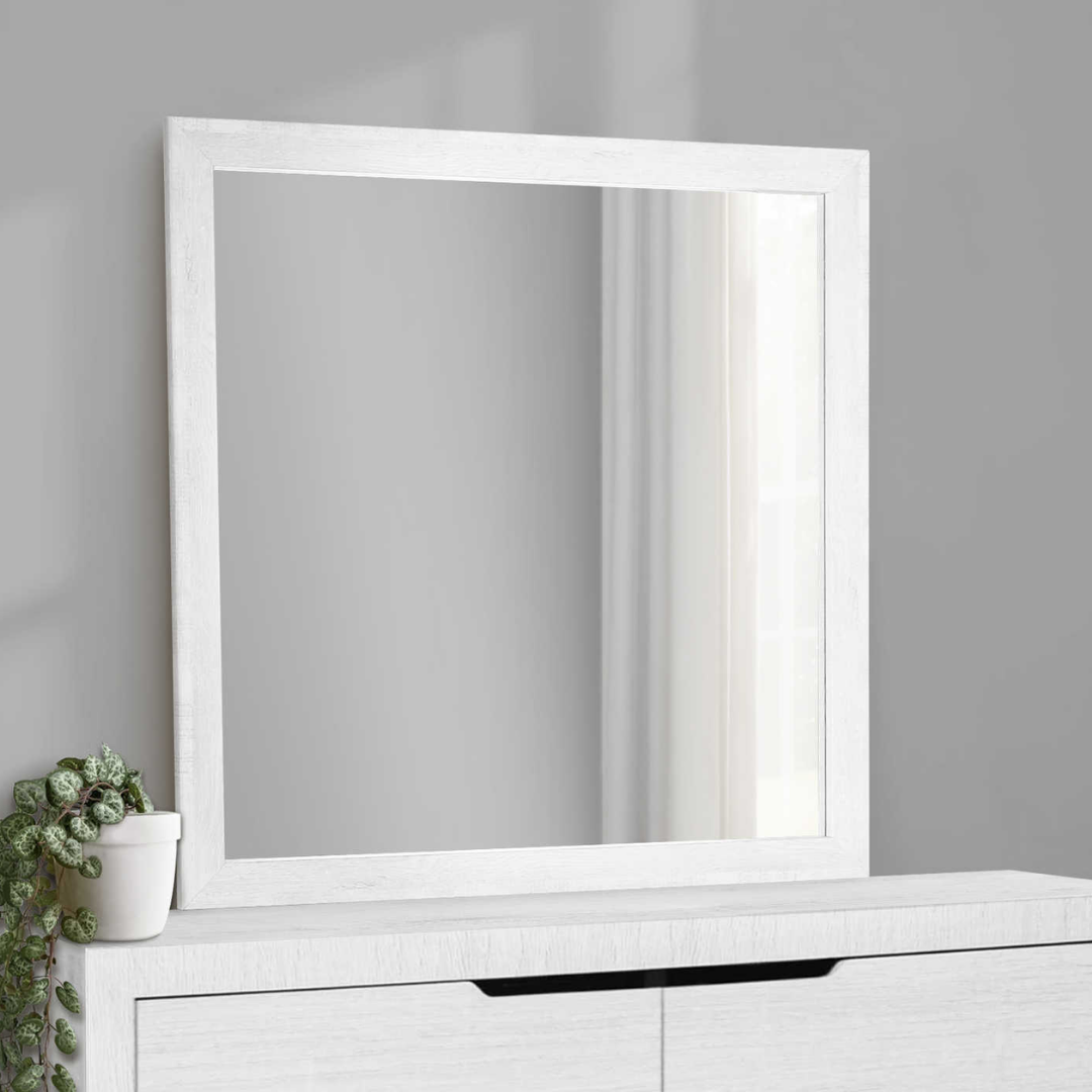 Commode Elvion à 6 tiroirs avec miroir – Finition bois blanc