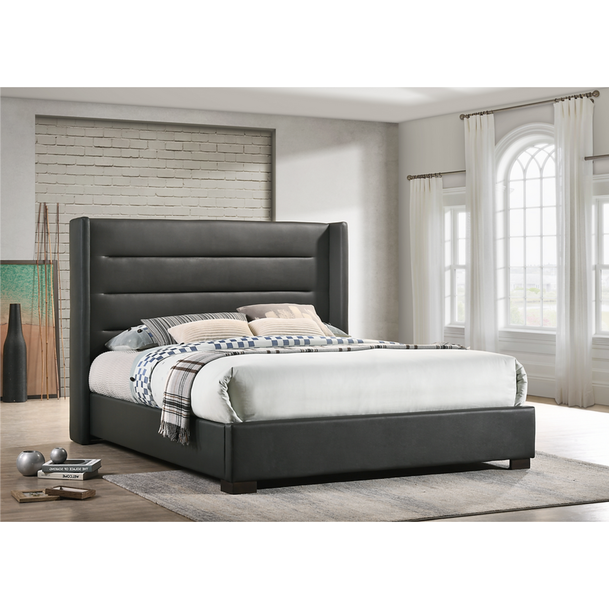 King bed - Grey PU Wing Bed with Tufted Panels 5242