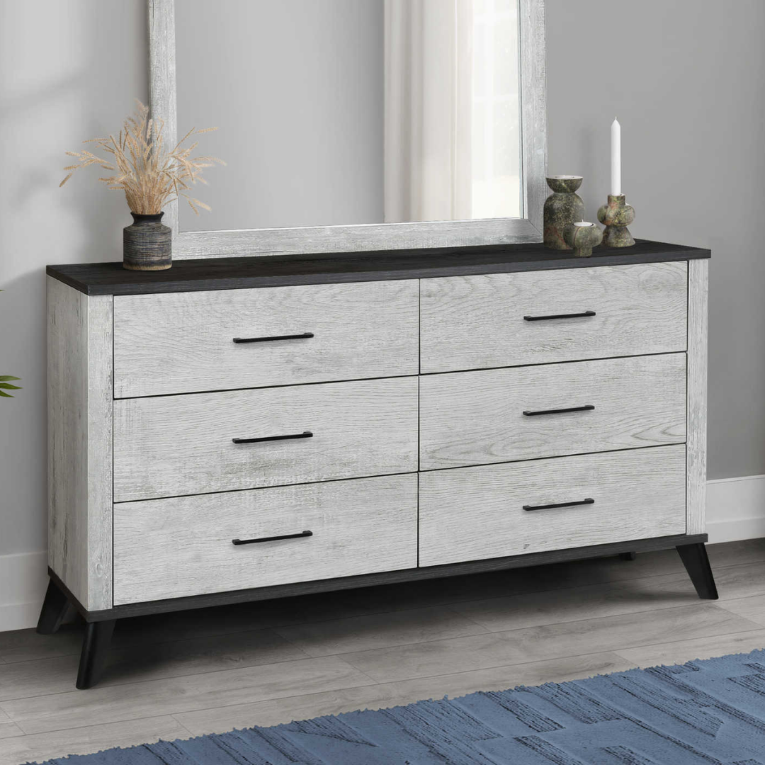 Commode Arden à 6 tiroirs avec miroir – Bois gris recyclé et plateau noir
