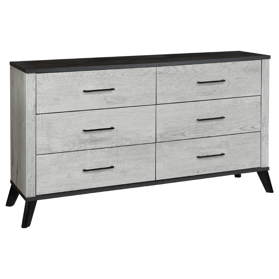 Commode Arden à 6 tiroirs avec miroir – Bois gris recyclé et plateau noir