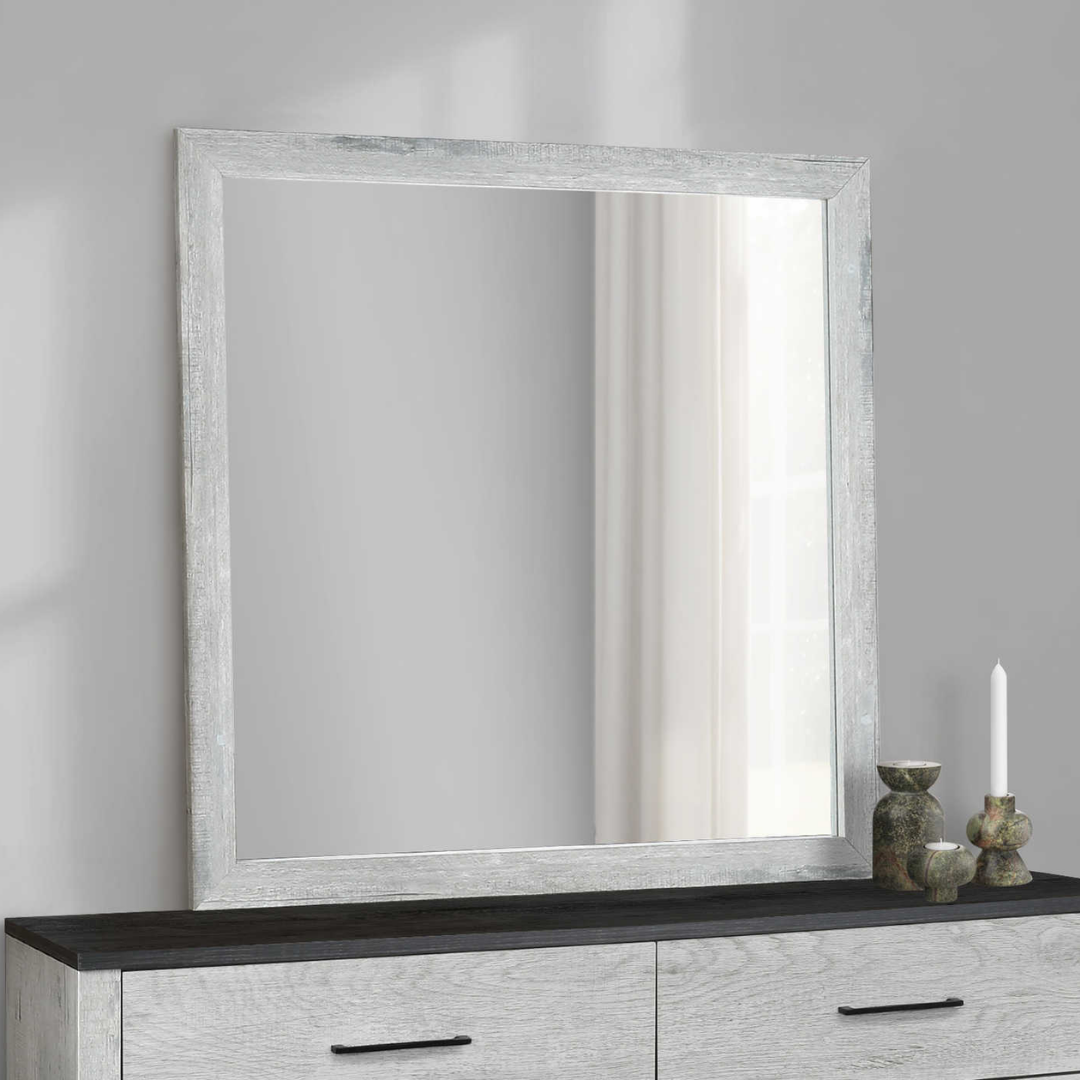 Commode Arden à 6 tiroirs avec miroir – Bois gris recyclé et plateau noir