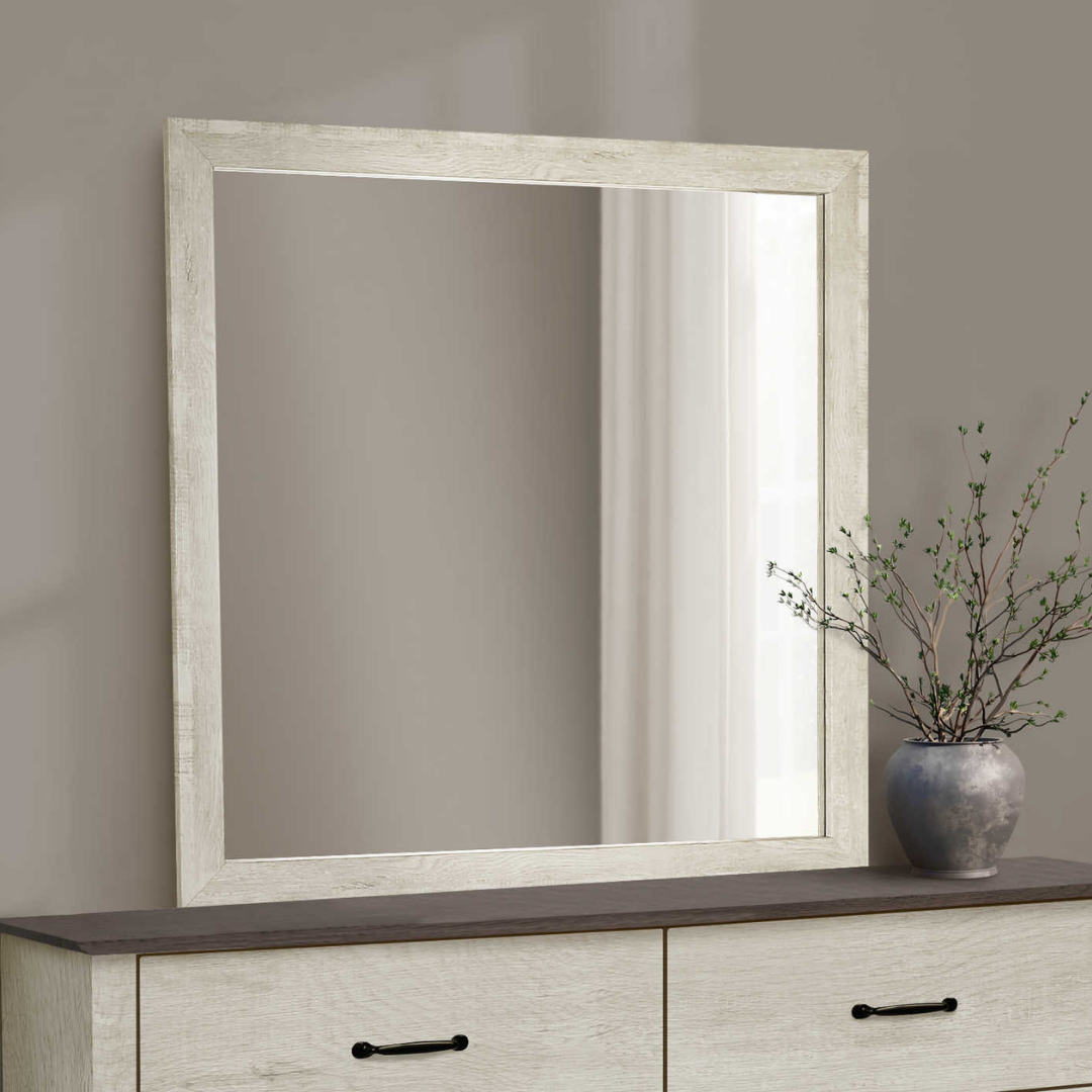 Commode Stonevale à 6 tiroirs avec miroir – Plateau en chêne blanchi et chêne foncé