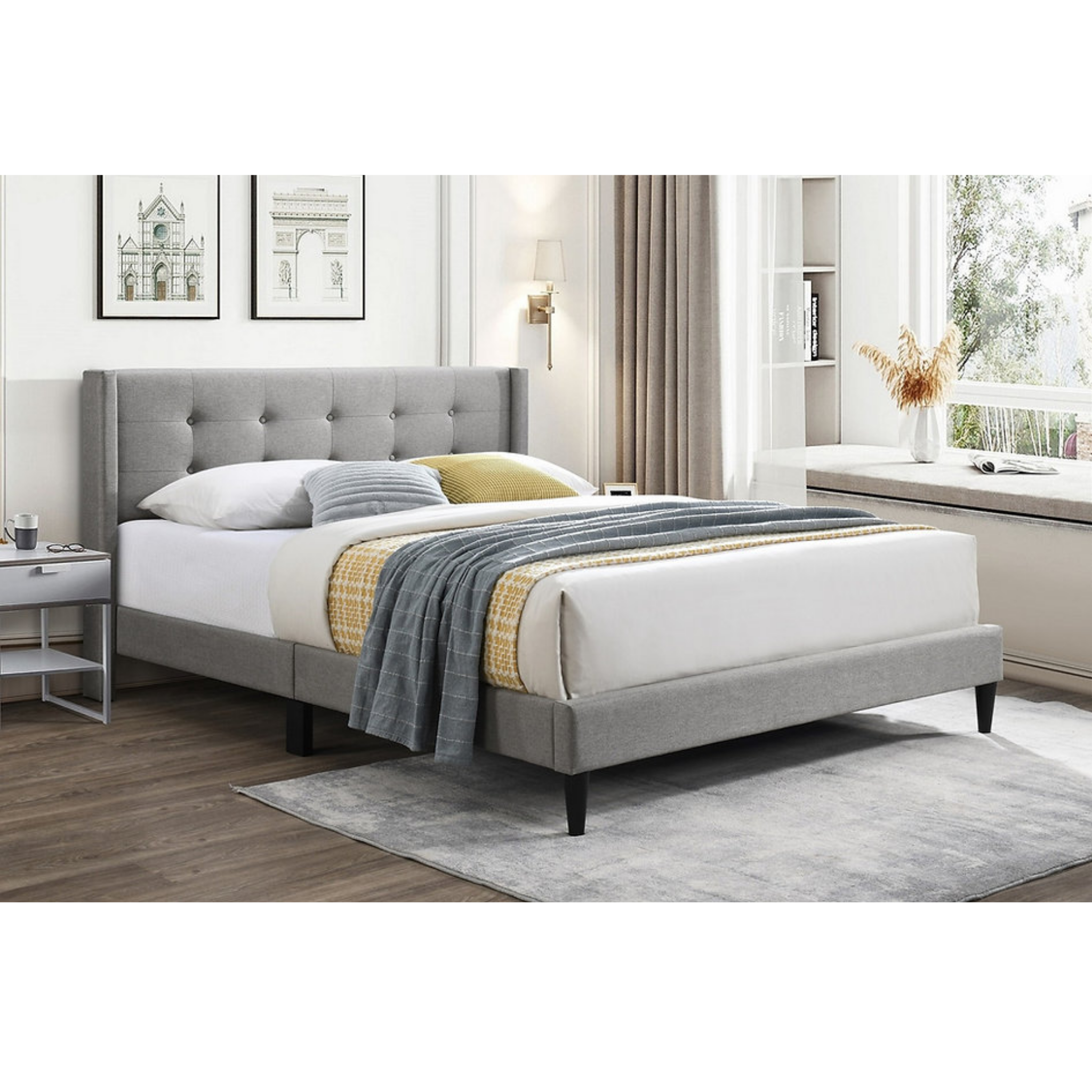 Lit double - Lit plateforme en tissu gris 5270