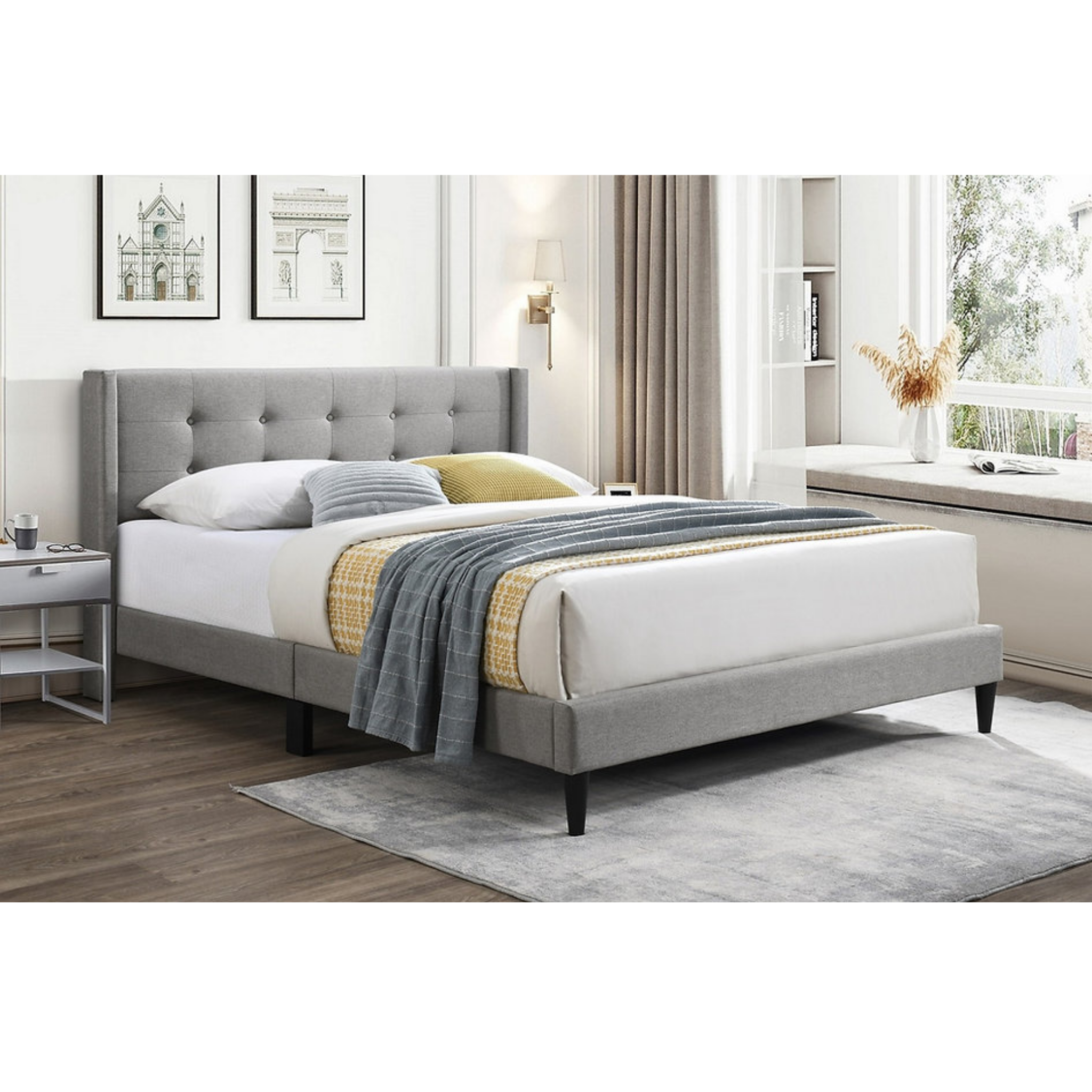 Queen Bed - Grey Platform Fabric Bed 5270