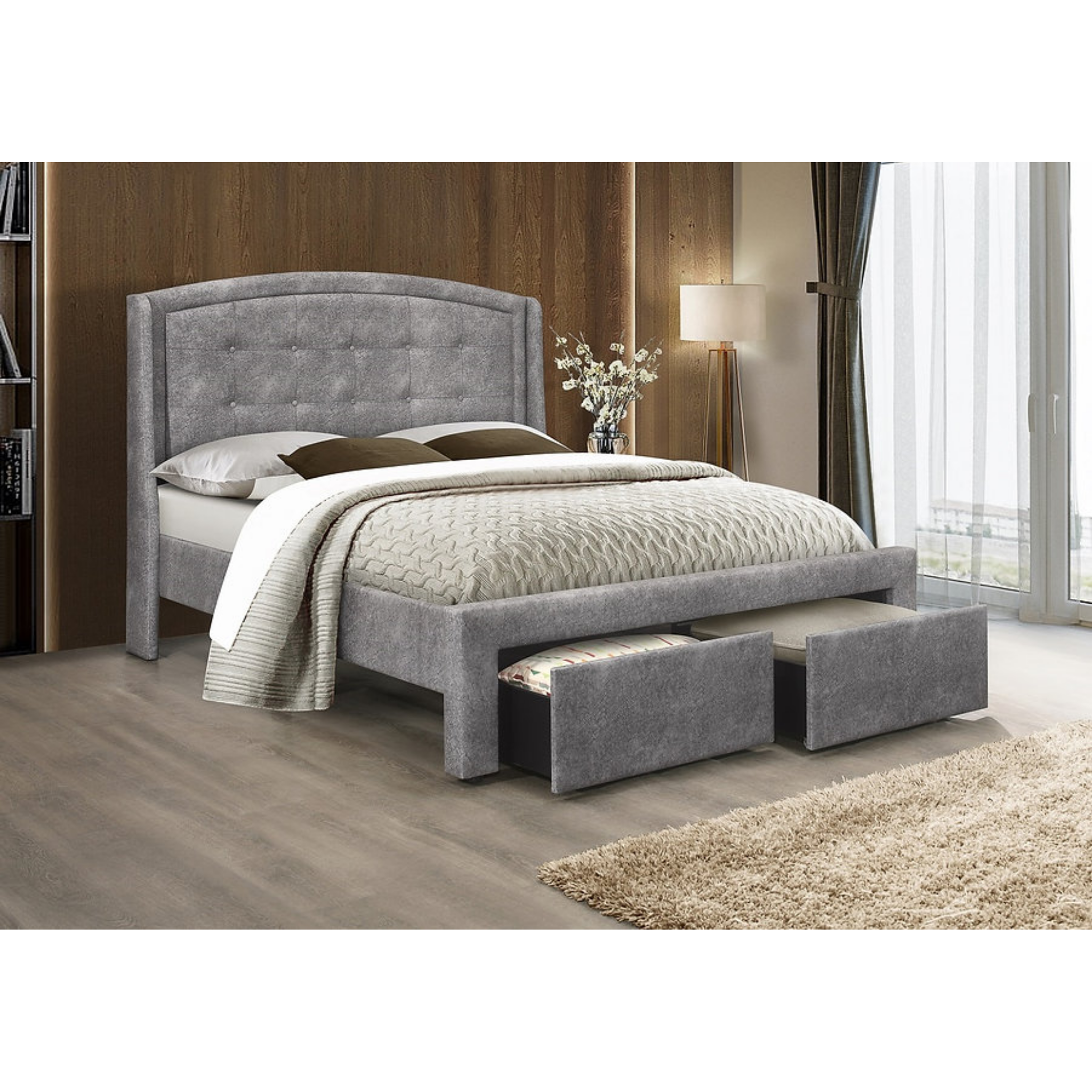 Lit double - Lit plateforme en tissu gris 5285