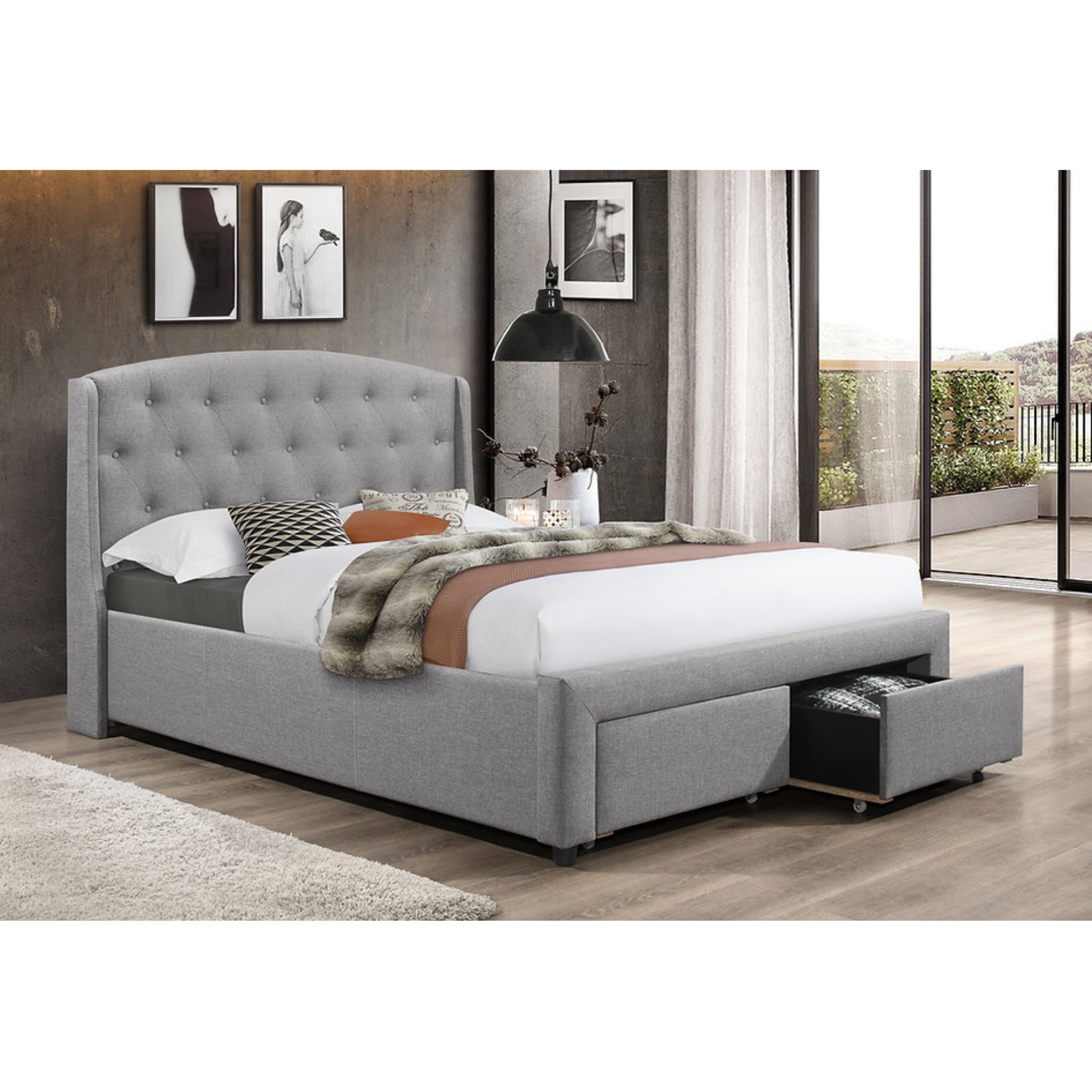 Lit double en tissu gris foncé n° 5290
