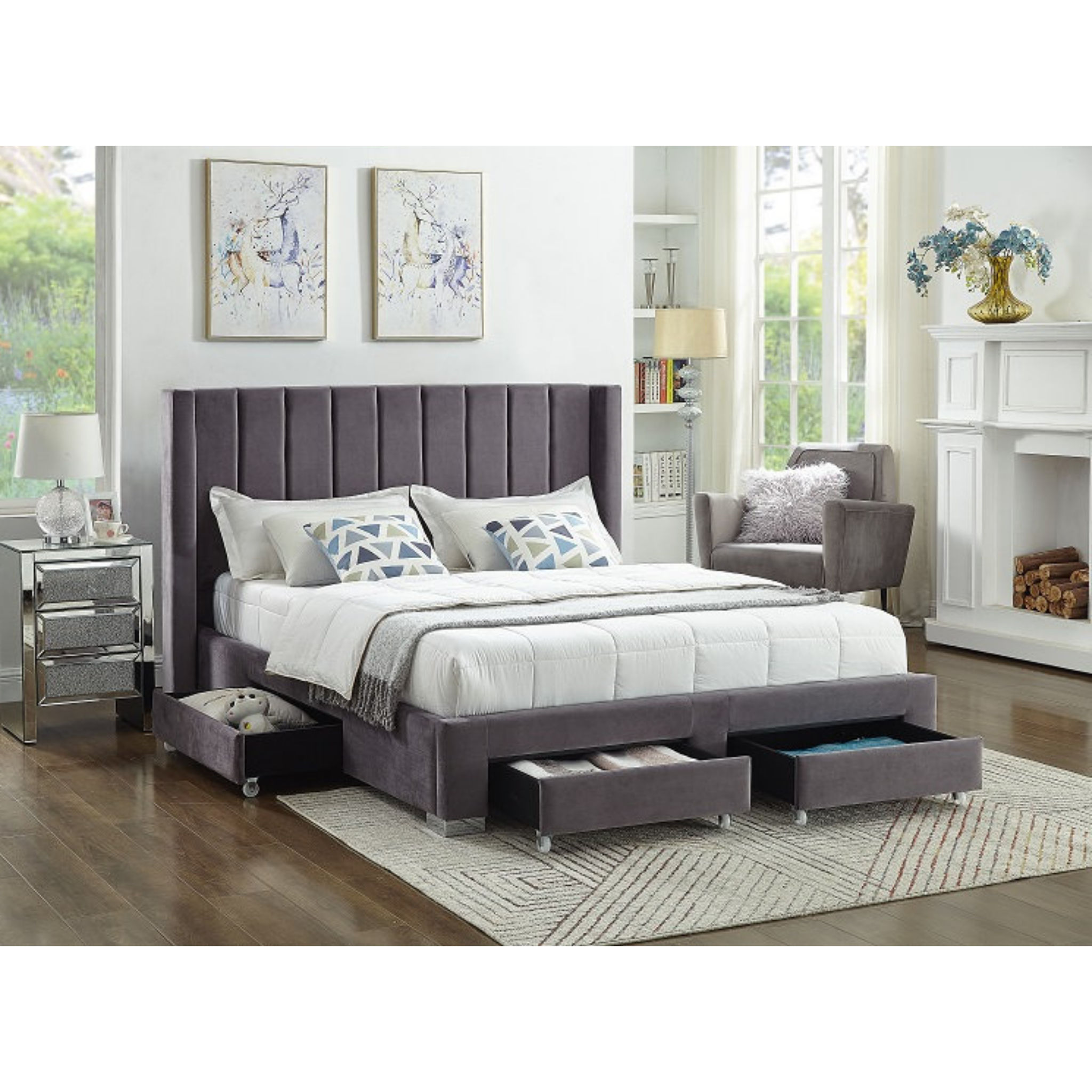 King Bed - Grey Velvet Fabric Wing Bed 5310