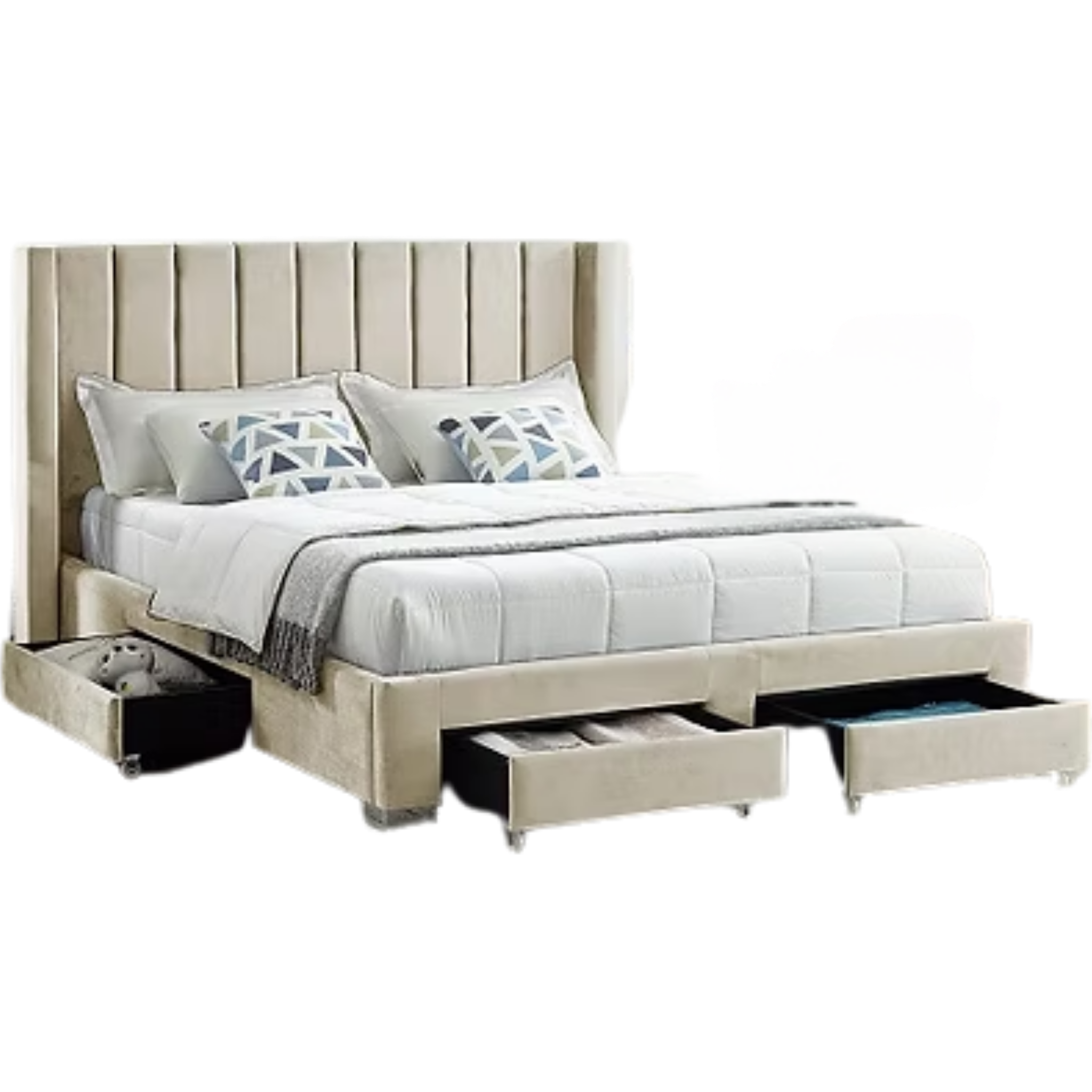 King Bed - Creme Velvet Fabric Wing Bed 5312
