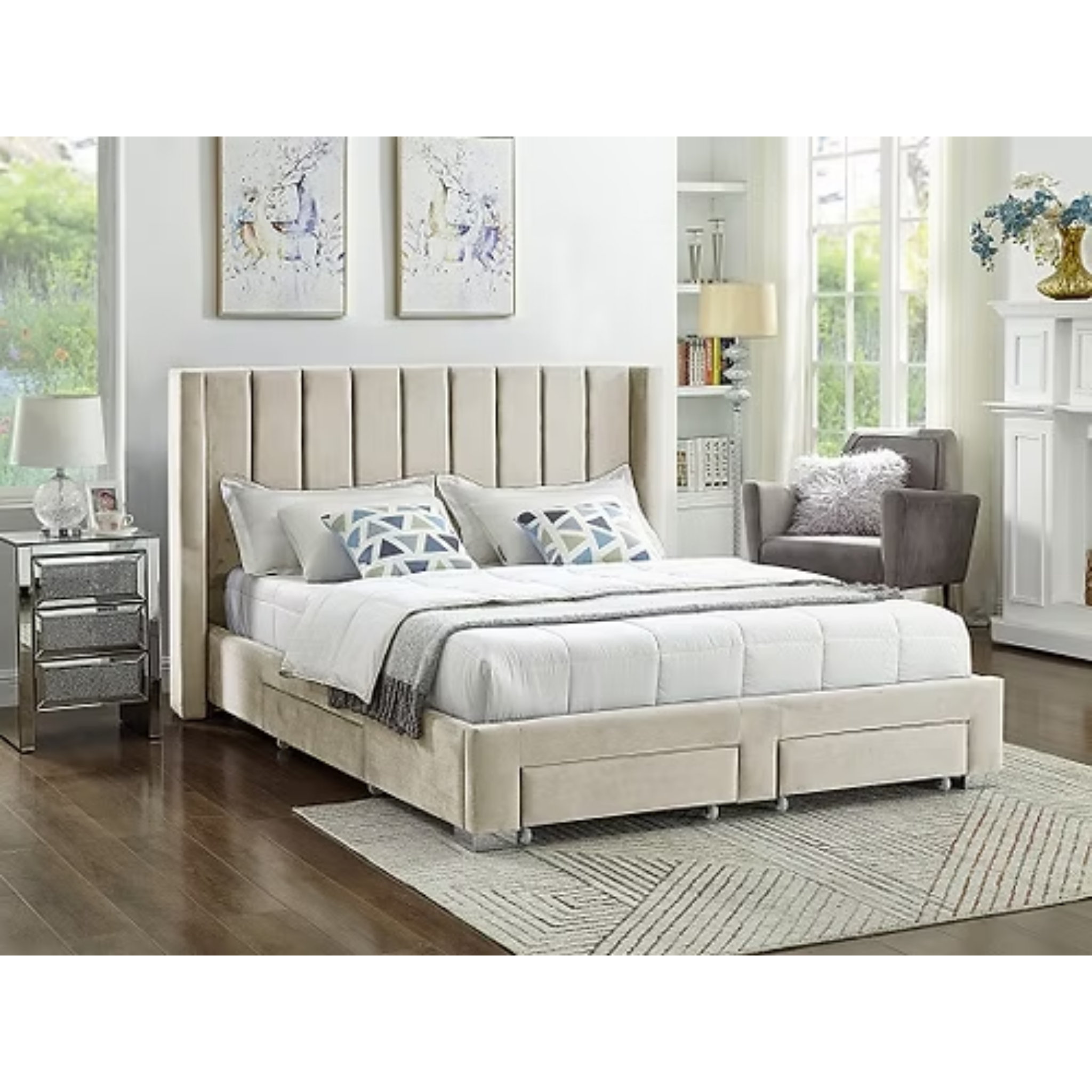 King Bed - Creme Velvet Fabric Wing Bed 5312