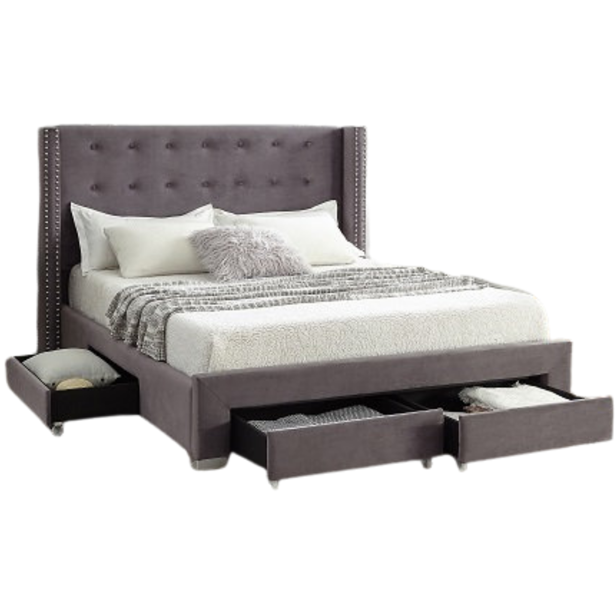 King Bed - Grey Velvet Fabric Wing Bed with Nailhead 5320